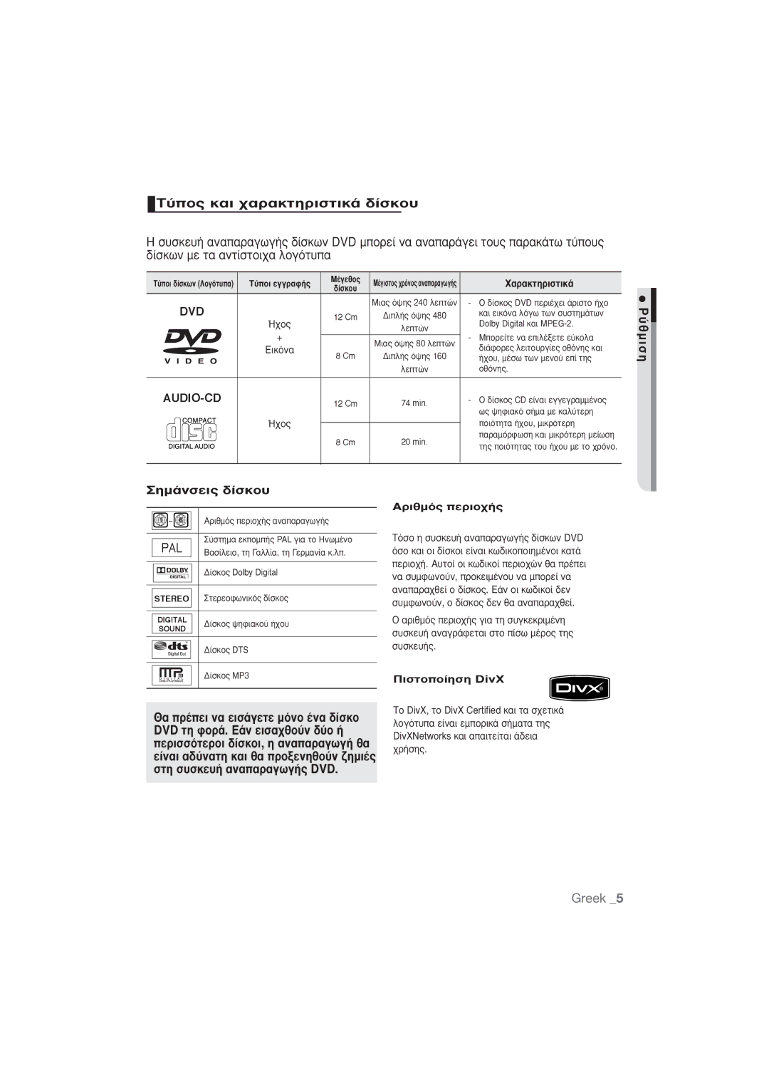 Samsung DVD-1080P9/EDC manual ‡Ô˜ Î·È ¯·Ú·Îùëúèûùèî¿ ‰›Ûîô˘, ‡ ı Ì È Û Ë, DVD ÙË ÊÔÚ¿. ∂¿Ó ÂÈÛ·¯ıÔ‡Ó ‰‡Ô ‹ 