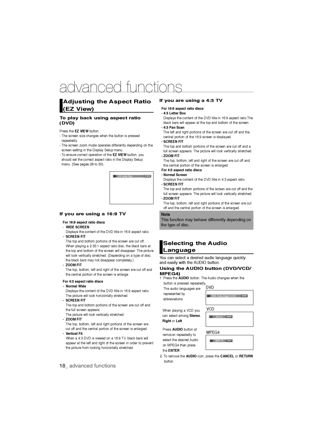 Samsung DVD-1080P9/MEA manual Advanced functions, Adjusting the Aspect Ratio EZ View, Selecting the Audio Language 