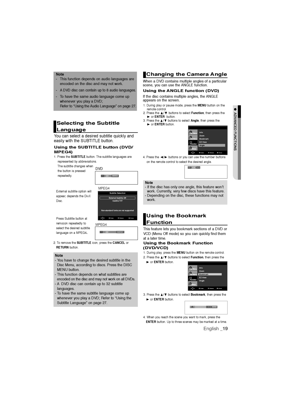 Samsung DVD-1080P9/SAM manual Selecting the Subtitle Language, Changing the Camera Angle, Using the Bookmark Function 