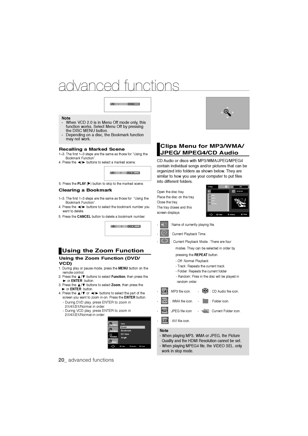 Samsung DVD-1080P9/MEA Clips Menu for MP3/WMA/ JPEG/ MPEG4/CD Audio, Using the Zoom Function, Recalling a Marked Scene 