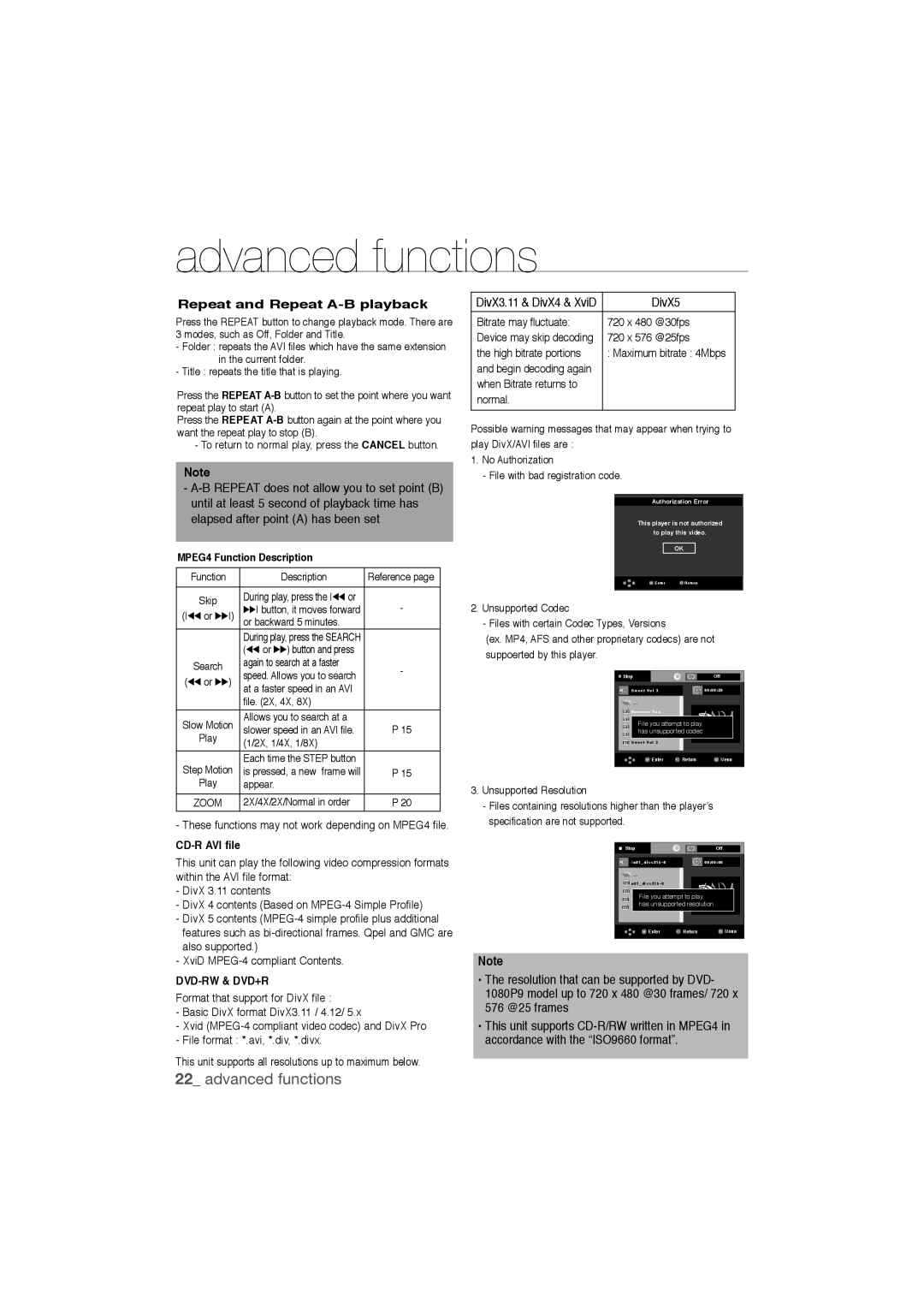 Samsung DVD-1080P9/MEA, DVD-1080P9/SAM manual Repeat and Repeat A-B playback, MPEG4 Function Description 