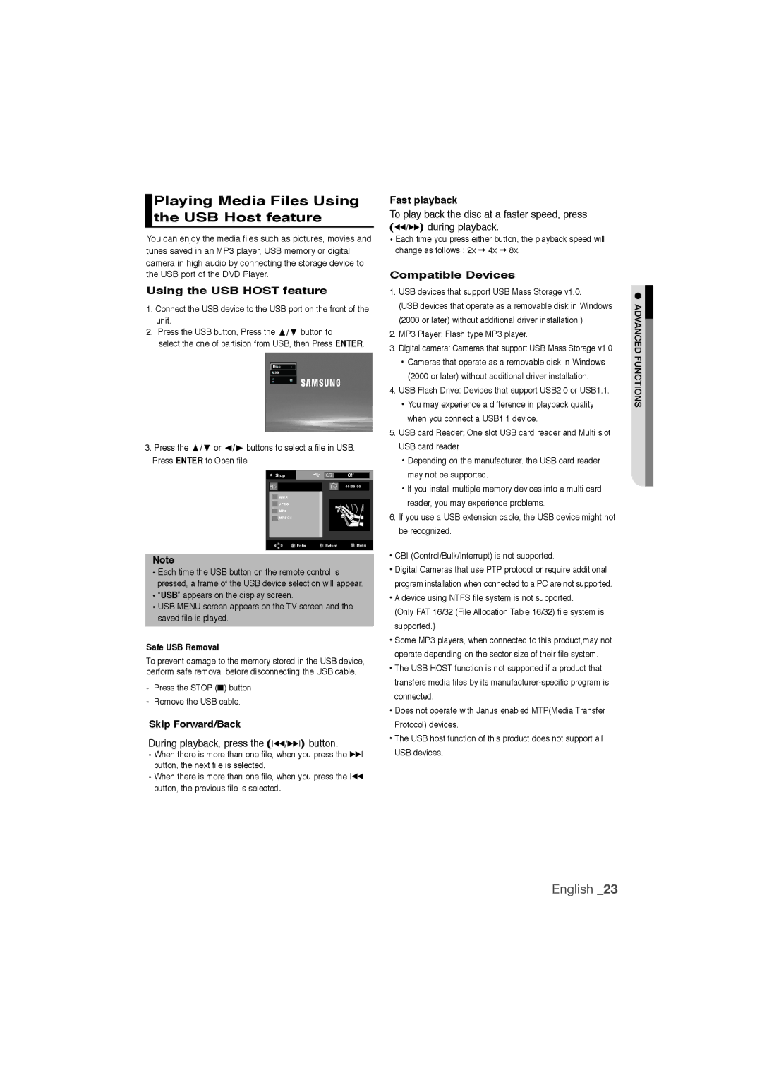 Samsung DVD-1080P9/SAM, DVD-1080P9/MEA Playing Media Files Using the USB Host feature, Skip Forward/Back, Fast playback 