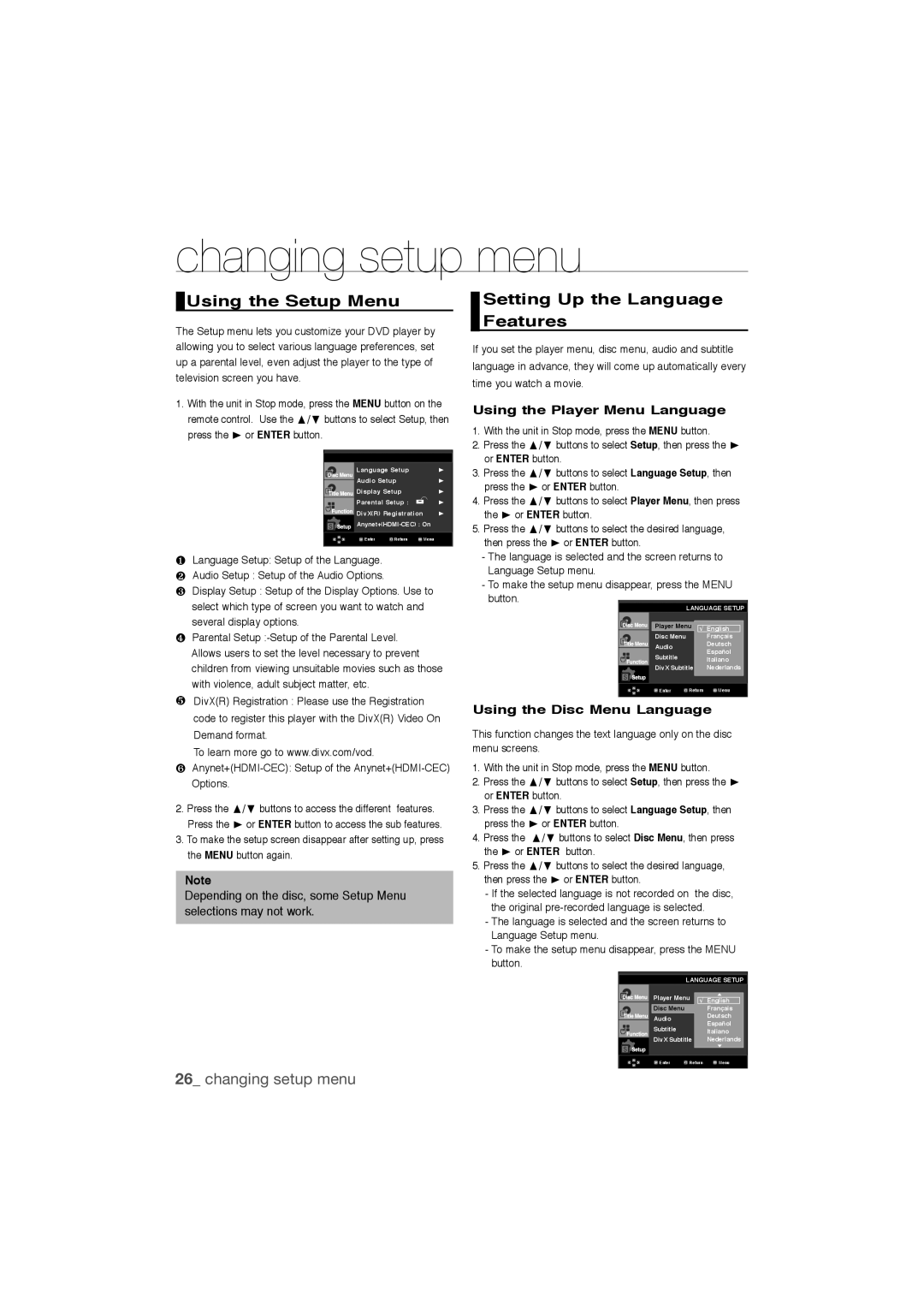 Samsung DVD-1080P9/MEA, DVD-1080P9/SAM manual Changing setup menu, Using the Setup Menu, Setting Up the Language Features 