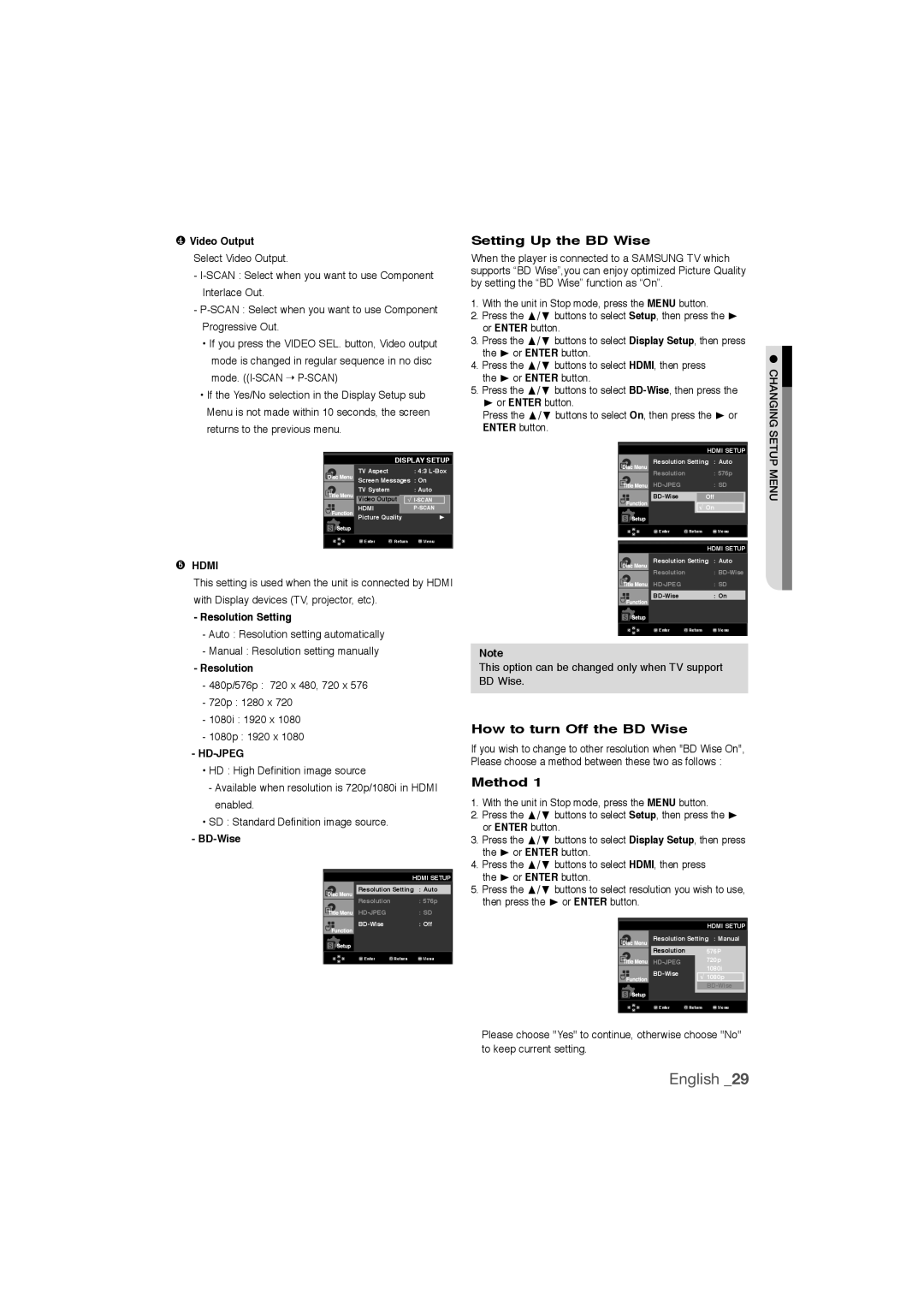 Samsung DVD-1080P9/SAM, DVD-1080P9/MEA manual Setting Up the BD Wise, How to turn Off the BD Wise, Method 