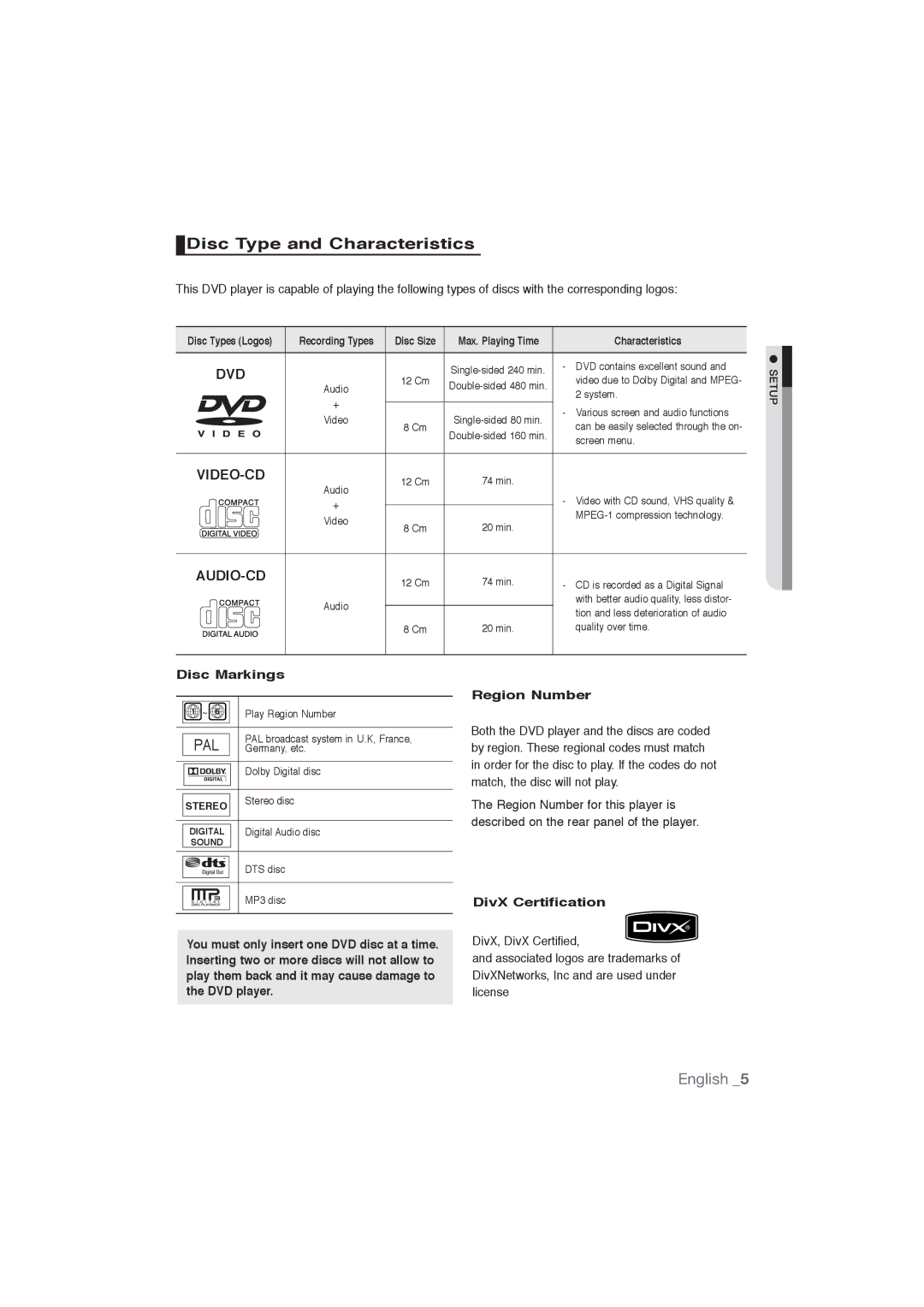 Samsung DVD-1080P9/SAM, DVD-1080P9/MEA manual Disc Type and Characteristics, Disc Markings, DivX Certification 