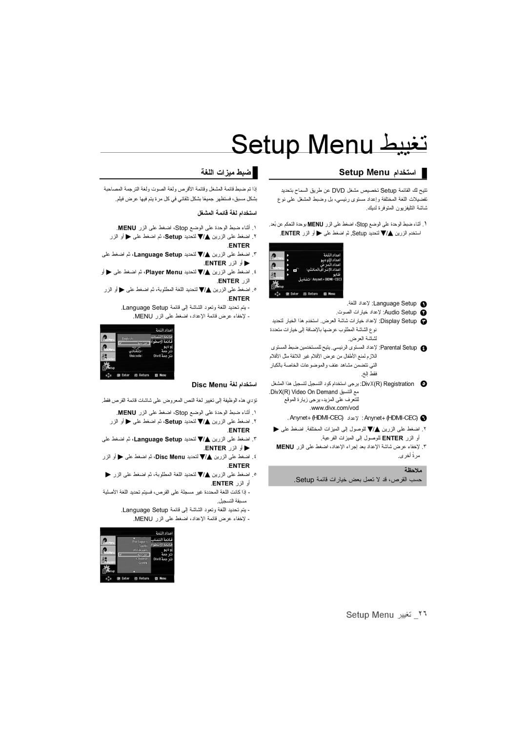 Samsung DVD-1080P9/MEA manual Setup Menu ﻁﻳﻳﻐﺘ, ΔϐϠϟΕΰϴϣςΒο, Setup Menu ϡΪΨΘγ, Setup Menu ﺭﻳﻳﻐﺘ, 5=/19?ΔϐϟϡΪΨΘγ 