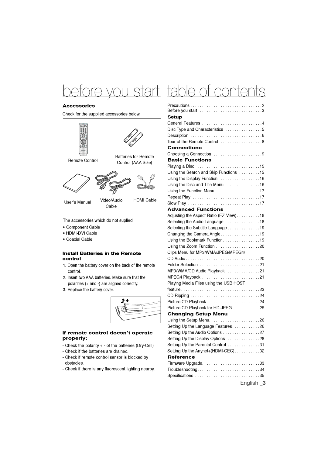 Samsung DVD-1080P9/SAM, DVD-1080P9/MEA manual Before you start table of contents 