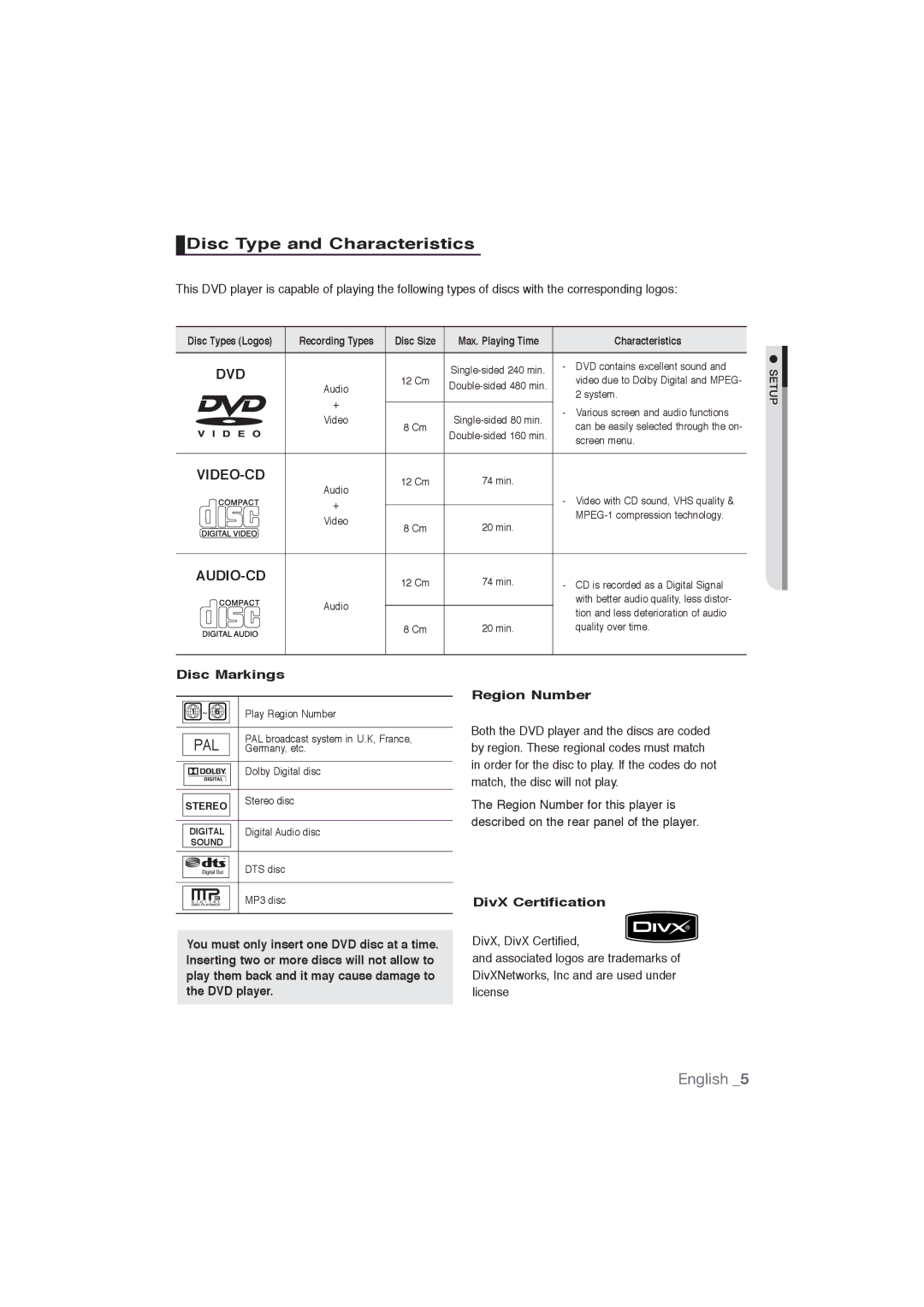 Samsung DVD-1080P9/SAM, DVD-1080P9/MEA manual Disc Type and Characteristics, Disc Markings, DivX Certification 