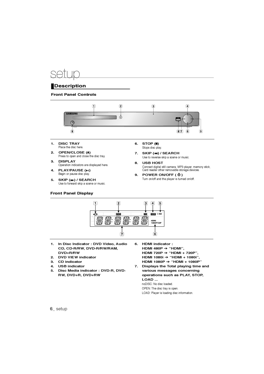 Samsung DVD-1080P9/MEA, DVD-1080P9/SAM manual Description, Front Panel Controls, Front Panel Display 