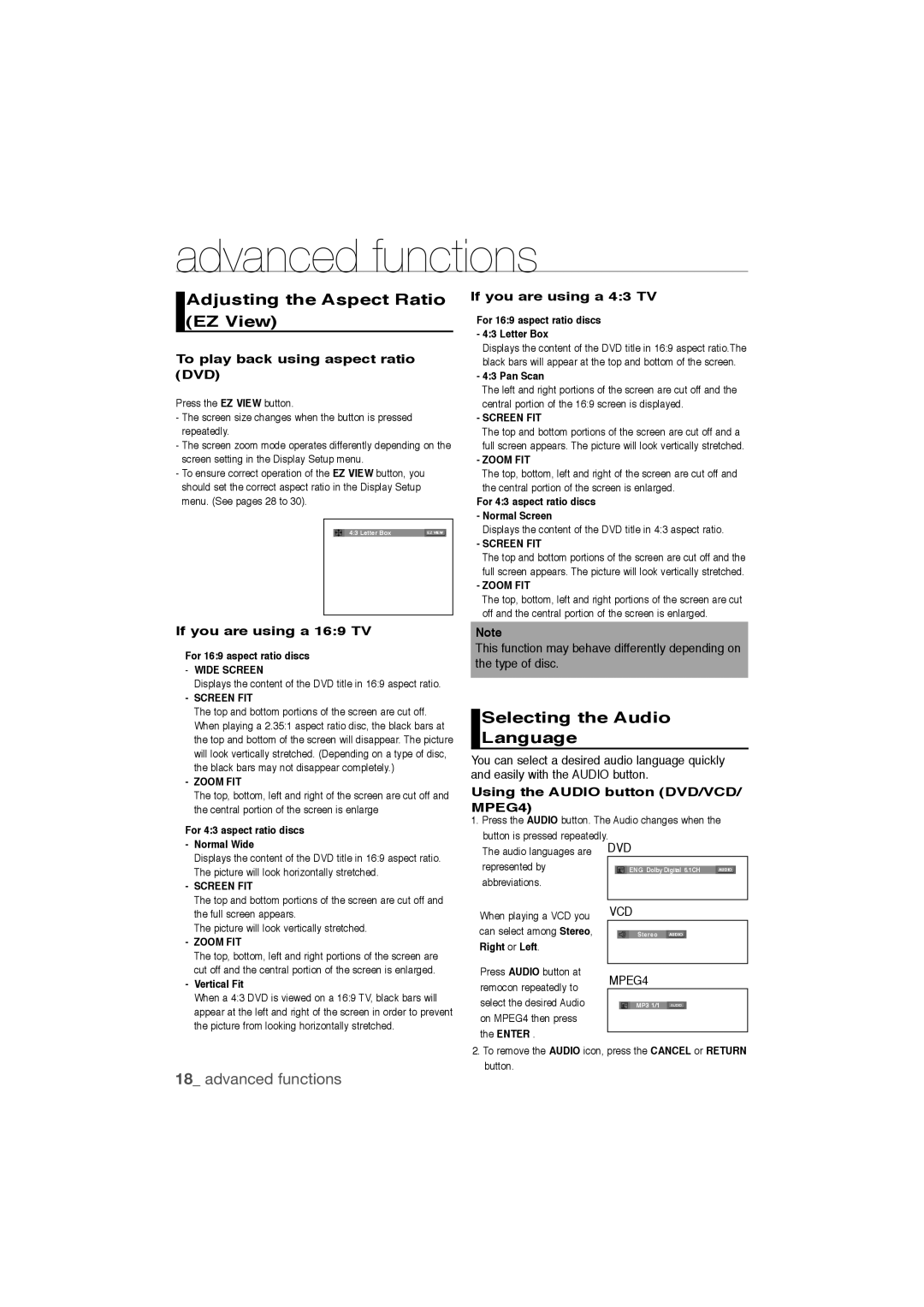 Samsung DVD-1080P9/MEA manual Advanced functions, Adjusting the Aspect Ratio EZ View, Selecting the Audio Language 