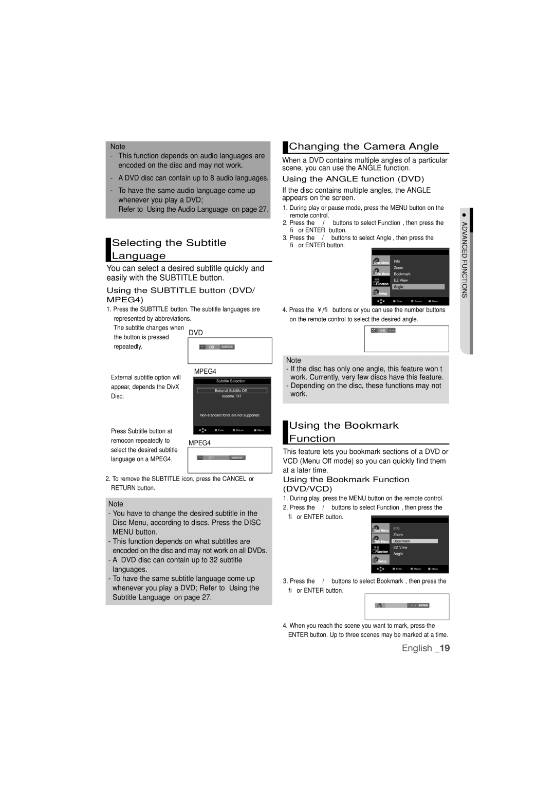 Samsung DVD-1080P9/SAM manual Selecting the Subtitle Language, Changing the Camera Angle, Using the Bookmark Function 