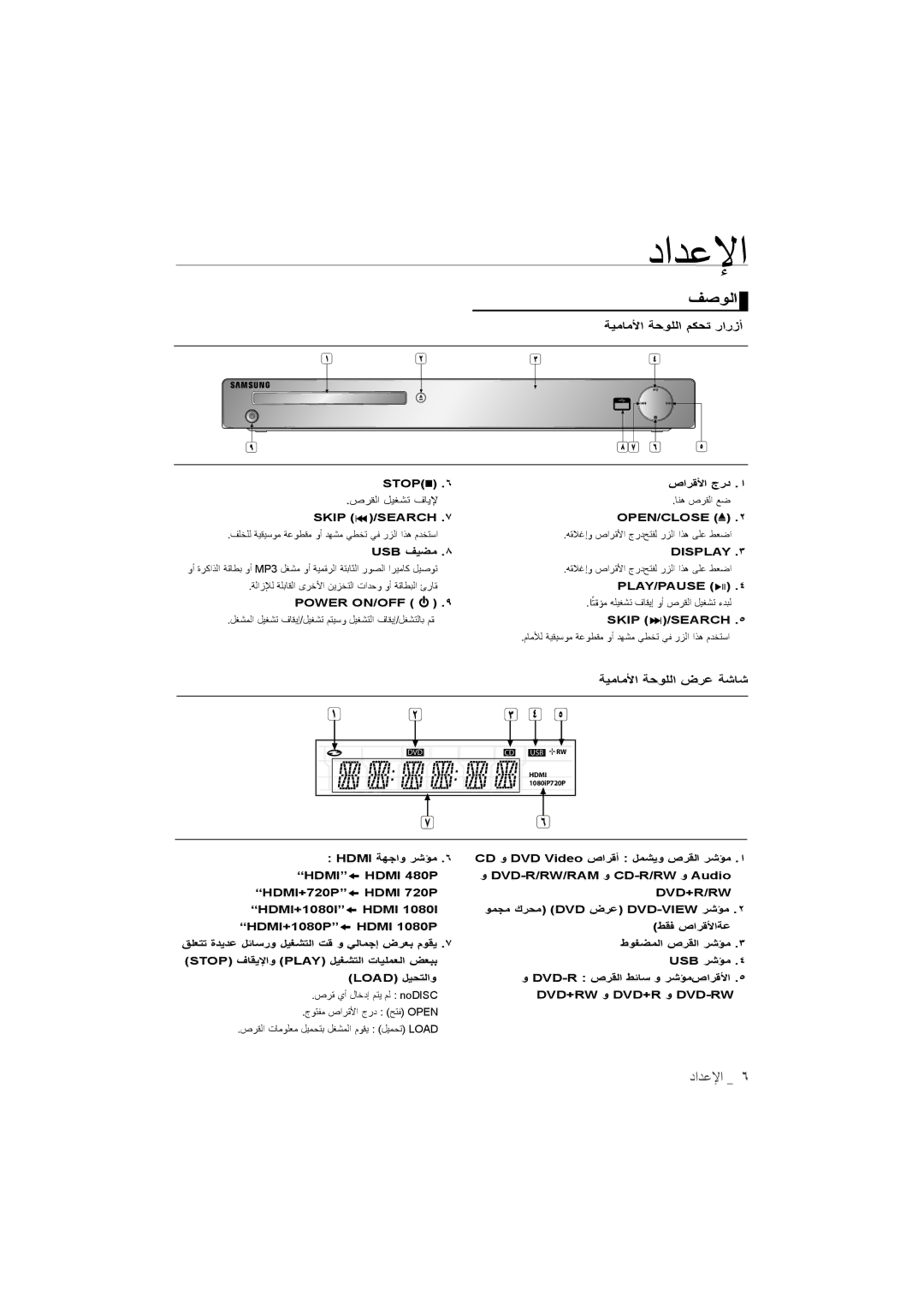 Samsung DVD-1080P9/MEA, DVD-1080P9/SAM manual ﻑﺼﻭﻠﺍ, ﺔﻳﻤﺎﻤﻷﺍ ﺔﺤﻭﻟﻠﺍ ﻡﻛﺣﺘ ﺭﺍﺭﺯﺃ, ﺔﻳﻤﺎﻤﻷﺍ ﺔﺤﻭﻟﻠﺍ ﺽﺭﻋ ﺔﺸﺎﺸ 