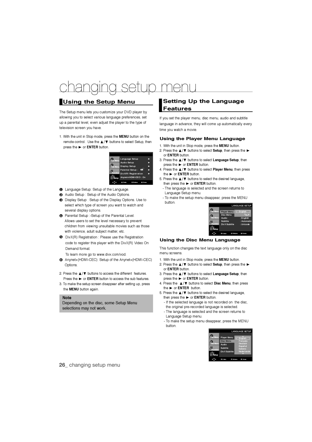 Samsung DVD-1080P9/MEA, DVD-1080P9/SAM manual Changing setup menu, Using the Setup Menu, Setting Up the Language Features 