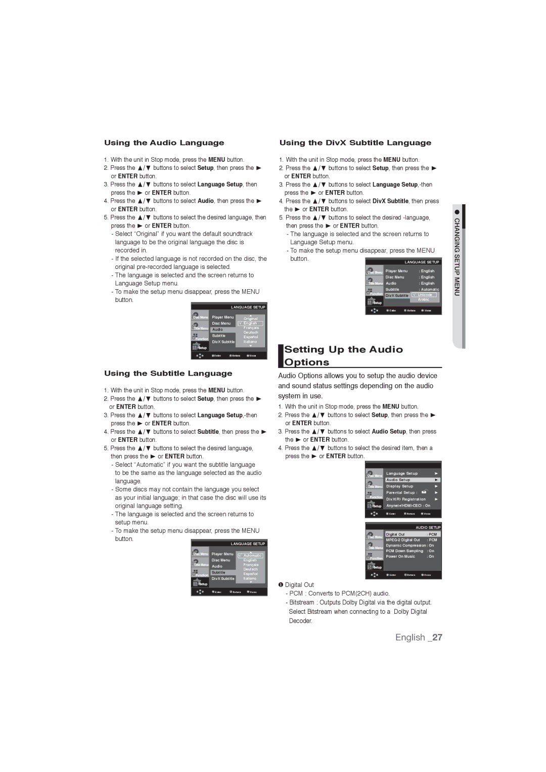Samsung DVD-1080P9/SAM manual Setting Up the Audio Options, Using the Audio Language Using the DivX Subtitle Language 