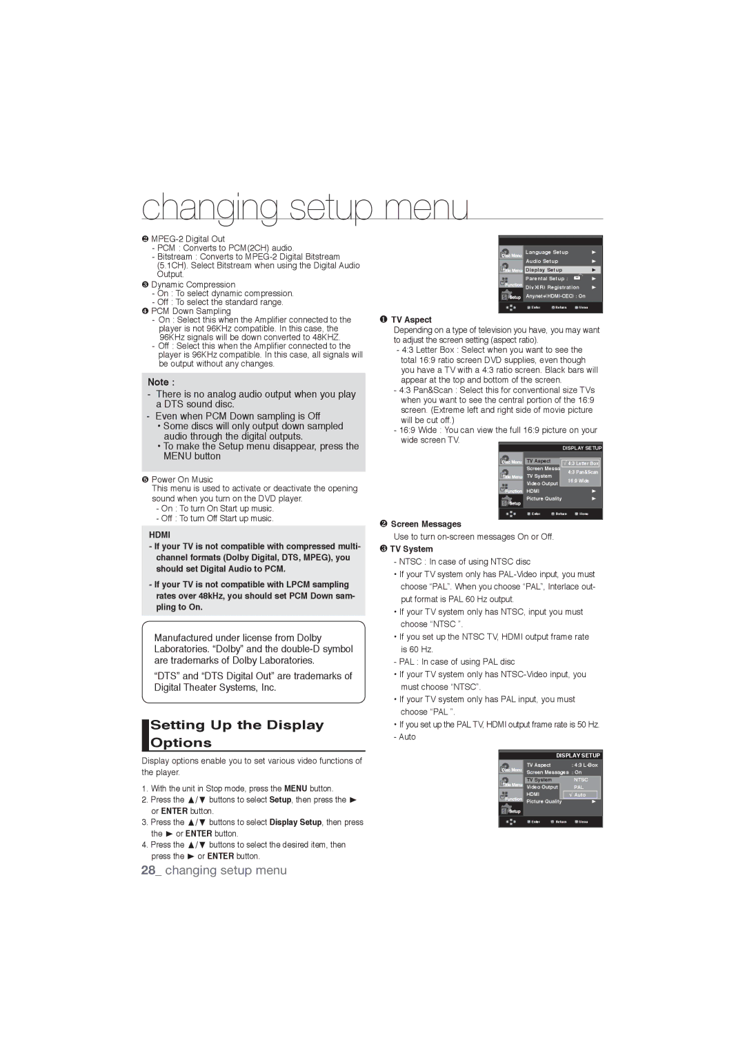 Samsung DVD-1080P9/MEA, DVD-1080P9/SAM manual Setting Up the Display Options, ❶ TV Aspect, ❷ Screen Messages, ❸ TV System 