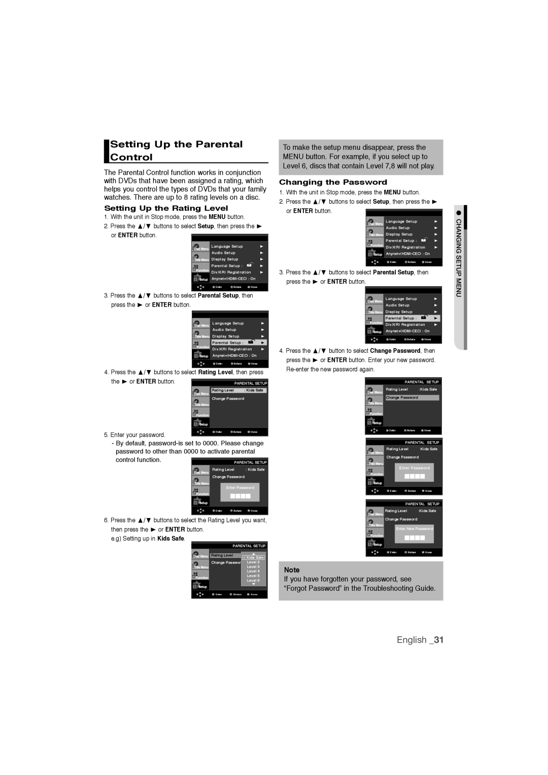 Samsung DVD-1080P9/SAM, DVD-1080P9/MEA Setting Up the Parental Control, Setting Up the Rating Level, Changing the Password 