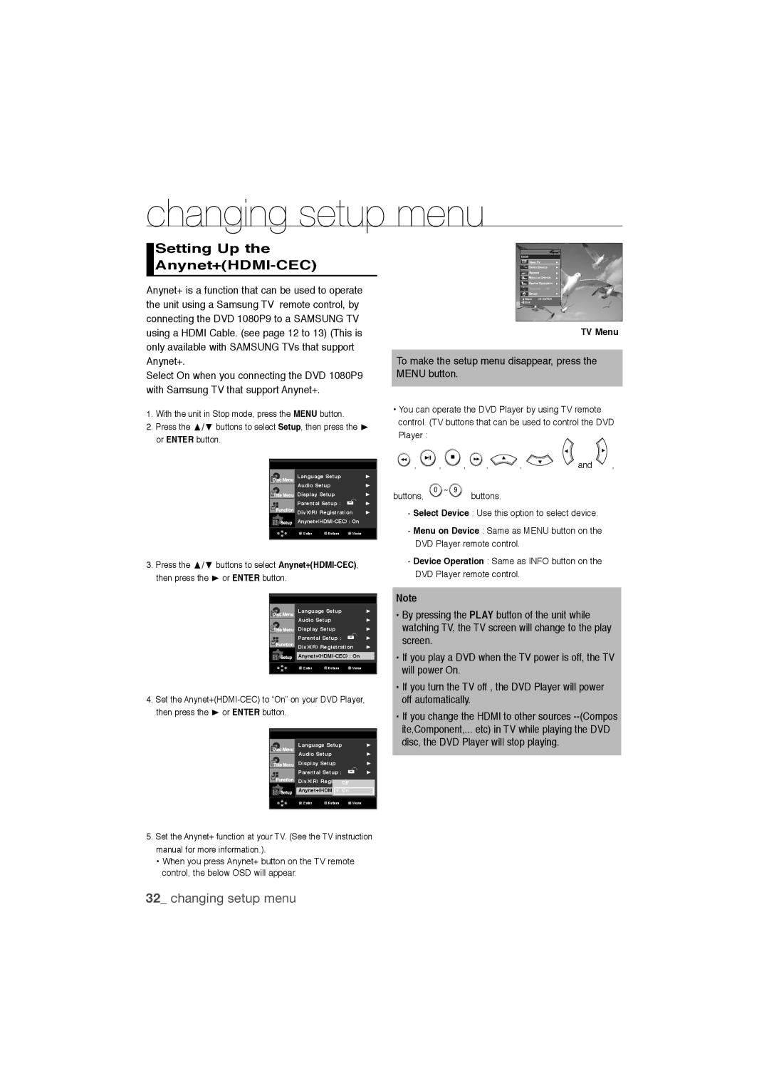 Samsung DVD-1080P9/MEA, DVD-1080P9/SAM manual Setting Up Anynet+HDMI-CEC, TV Menu 