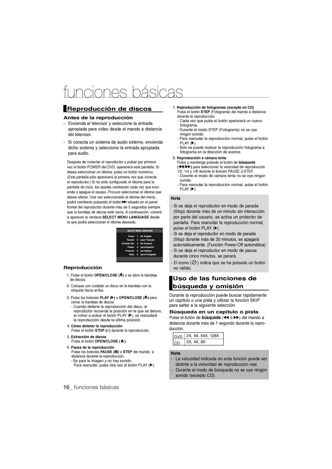 Samsung DVD-1080P9/XEC manual Funciones básicas, Reproducción de discos, Uso de las funciones de búsqueda y omisión 