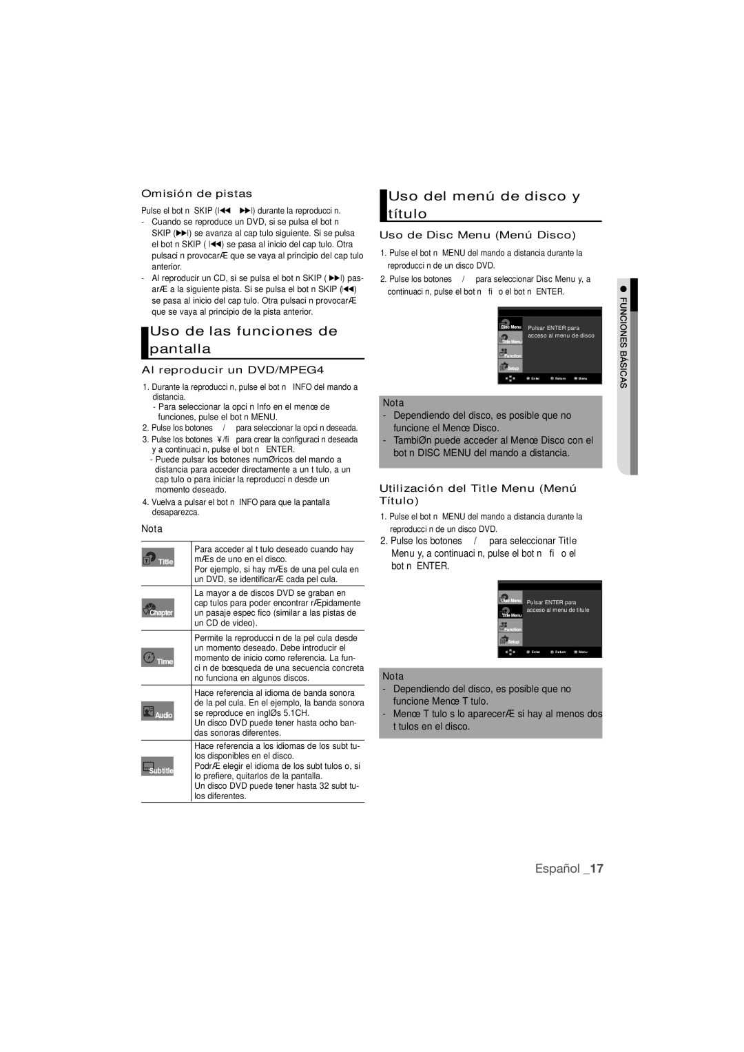 Samsung DVD-1080P9/XEC manual Uso de las funciones de pantalla, Uso del menú de disco y título 