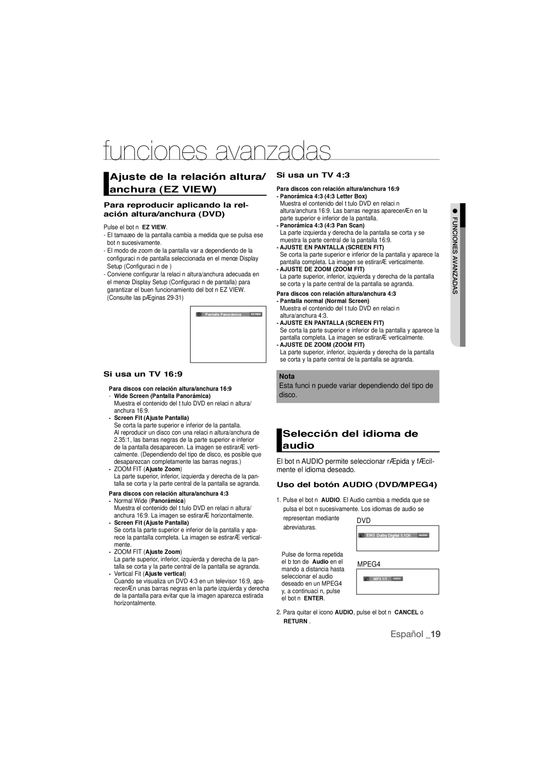 Samsung DVD-1080P9/XEC Funciones avanzadas, Ajuste de la relación altura/ anchura EZ View, Selección del idioma de audio 