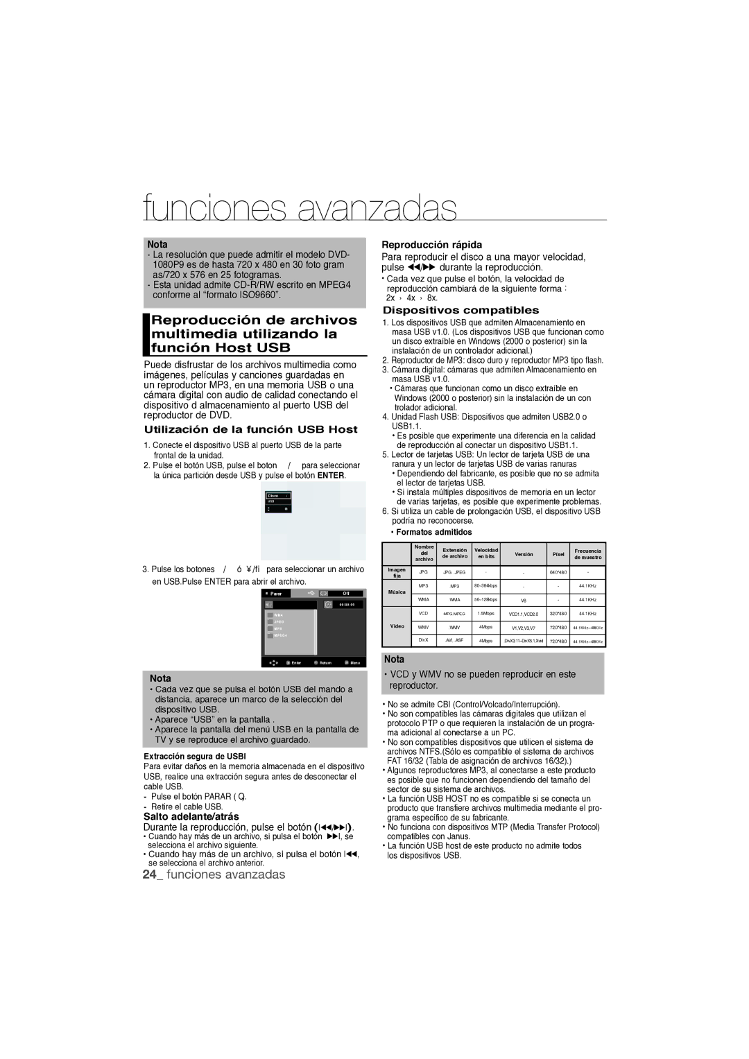 Samsung DVD-1080P9/XEC manual Utilización de la función USB Host, Salto adelante/atrás, Reproducción rápida 