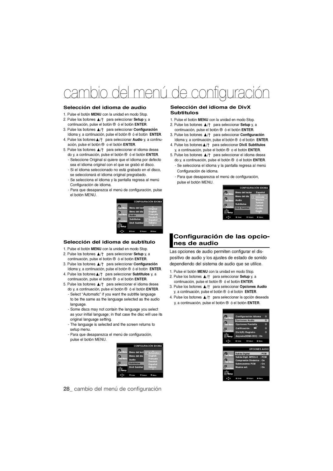 Samsung DVD-1080P9/XEC manual Configuración de las opcio- nes de audio, Selección del idioma de audio 