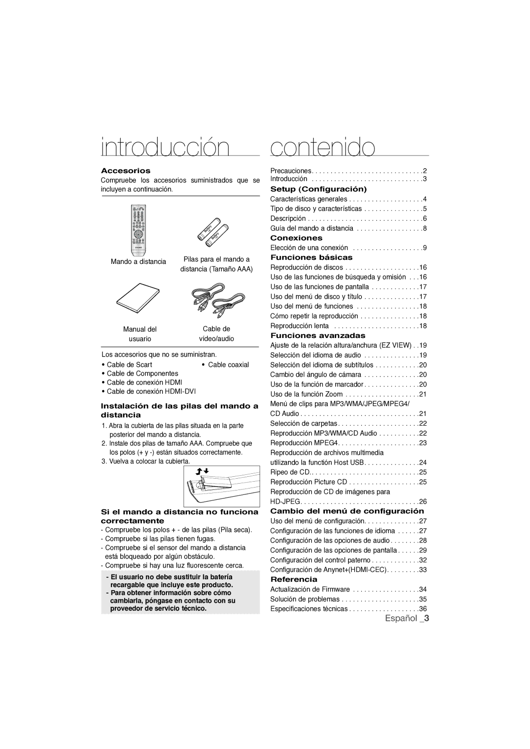 Samsung DVD-1080P9/XEC manual Introducción, Contenido 