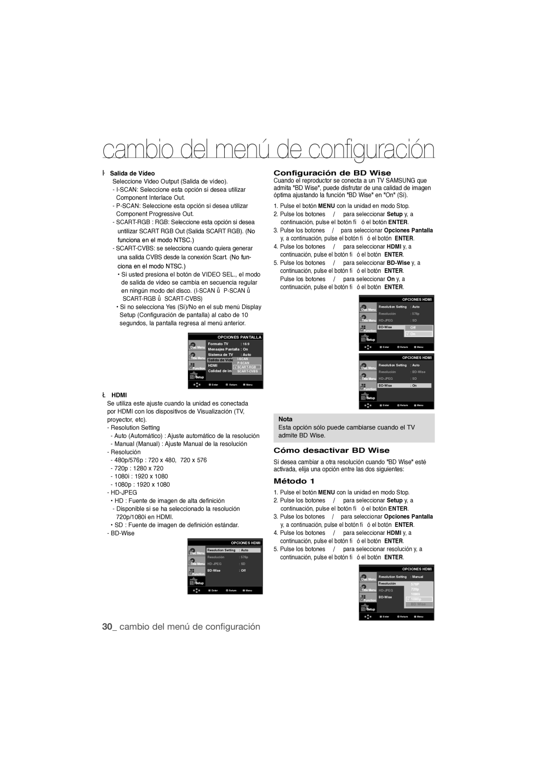 Samsung DVD-1080P9/XEC manual Configuración de BD Wise, Cómo desactivar BD Wise, Método, ➍ Salida de Vídeo, ➎ Hdmi 