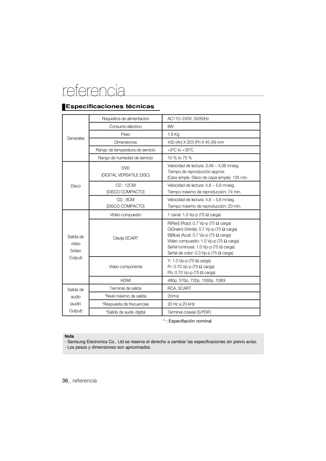 Samsung DVD-1080P9/XEC manual Especificaciones técnicas, RCA, Scart 