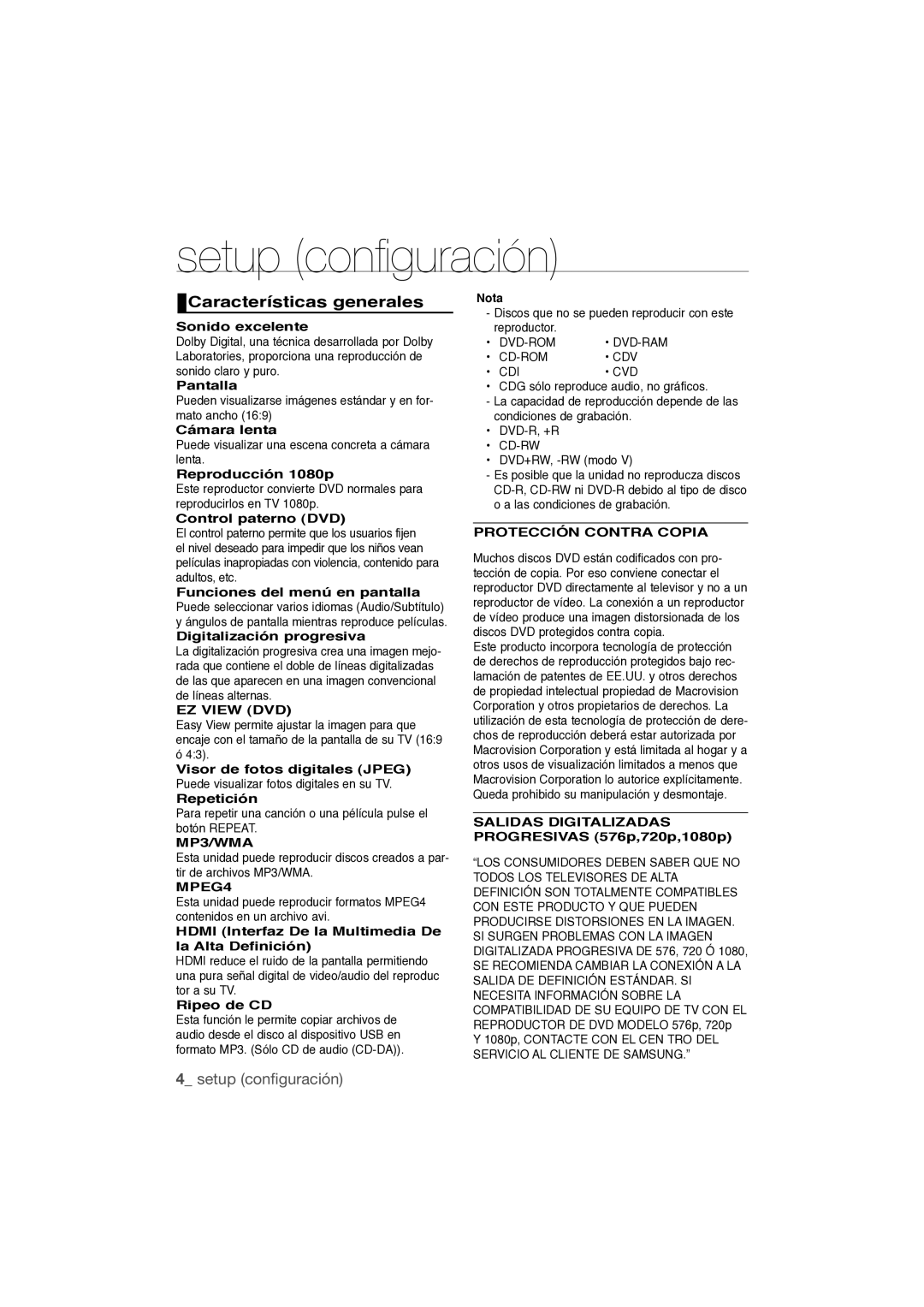 Samsung DVD-1080P9/XEC manual Setup conﬁ guración, Características generales 