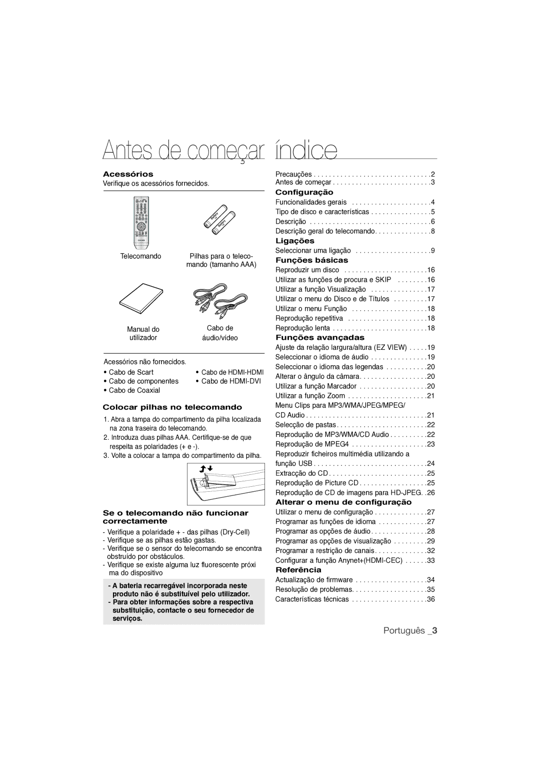 Samsung DVD-1080P9/XEC manual Antes de começar índice 