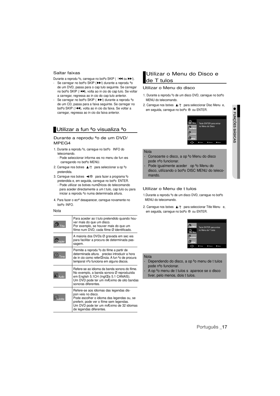 Samsung DVD-1080P9/XEC manual Utilizar o Menu do Disco e de Títulos, Utilizar a função visualização 