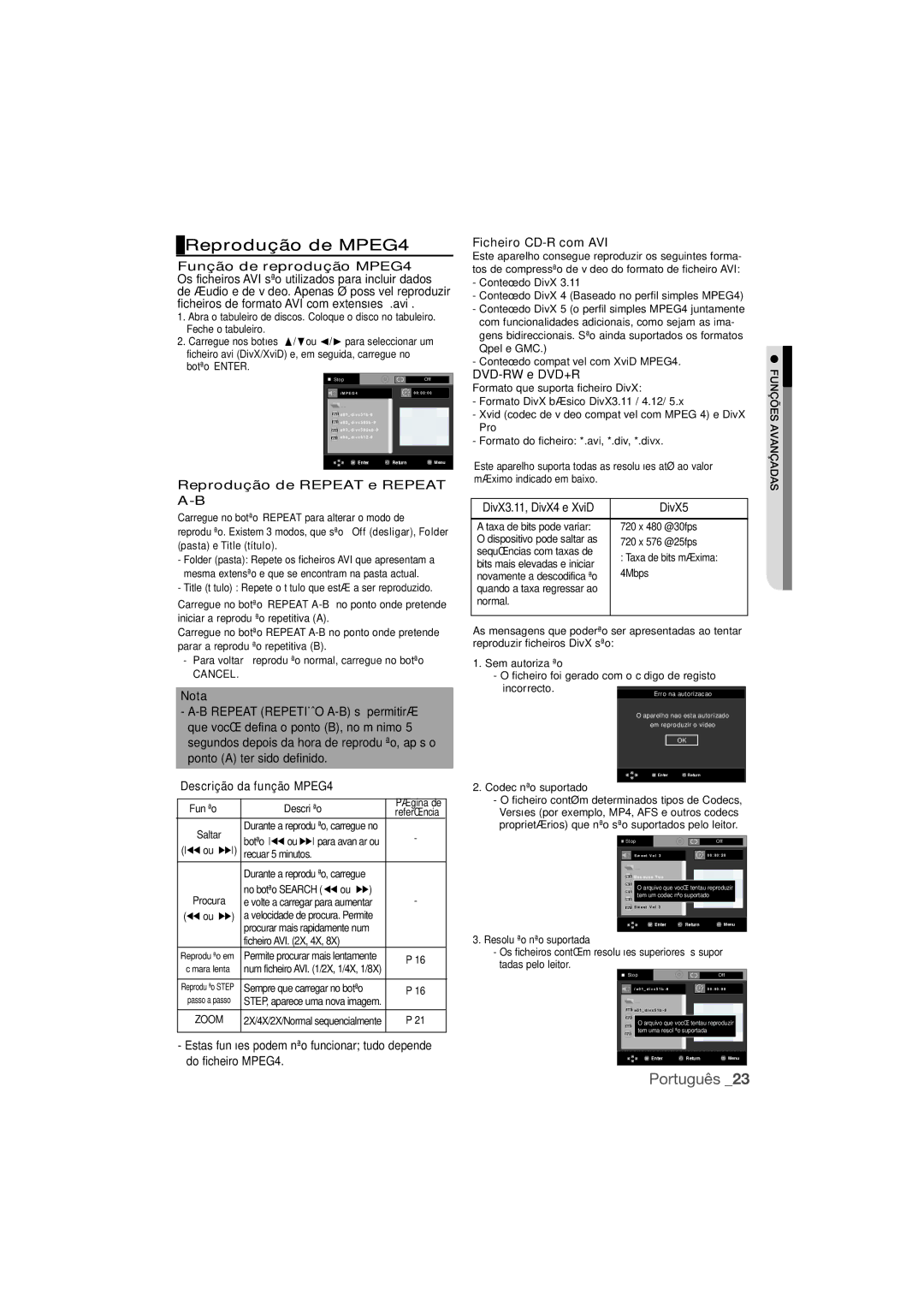 Samsung DVD-1080P9/XEC manual Reprodução de MPEG4 