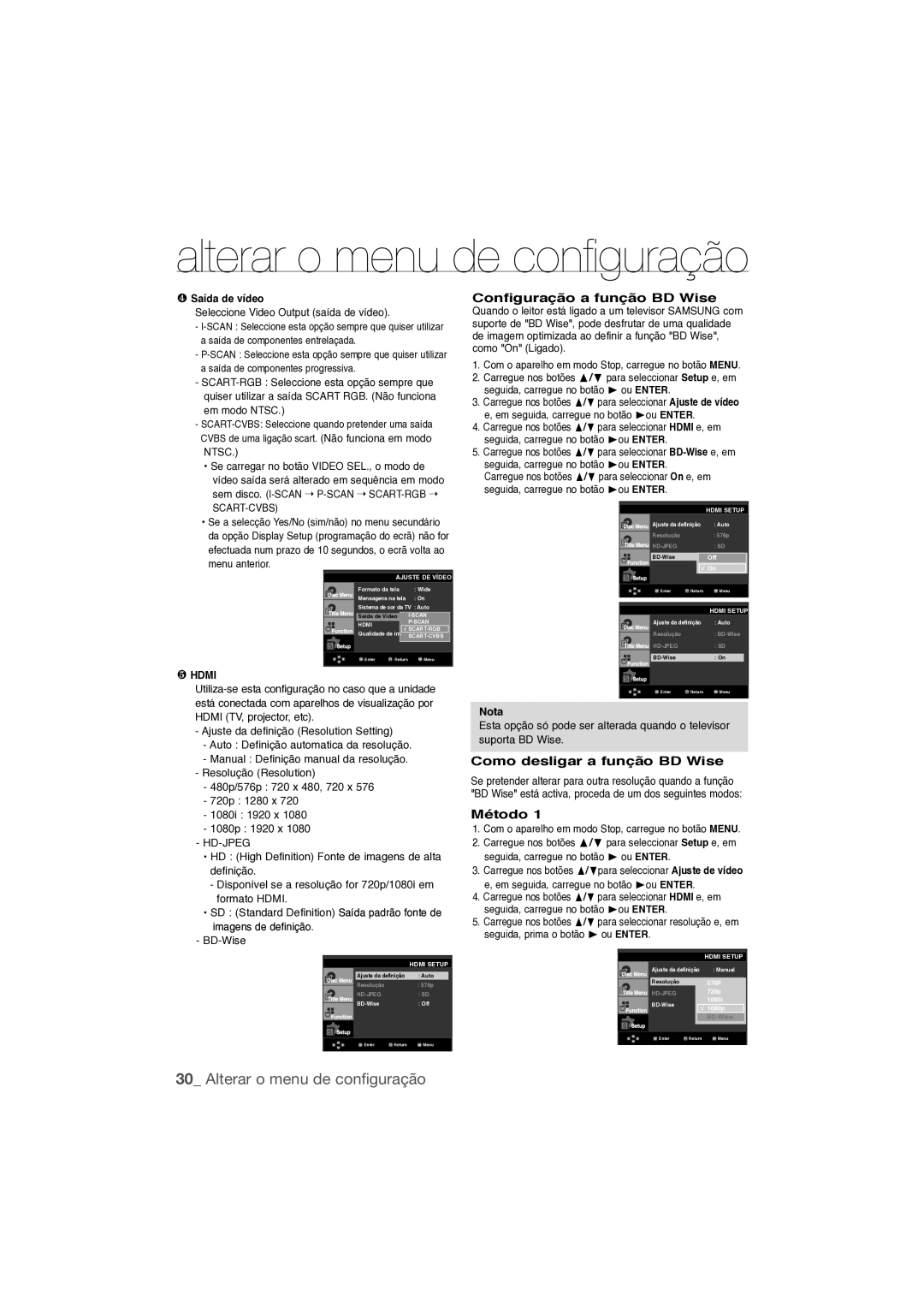 Samsung DVD-1080P9/XEC manual Configuração a função BD Wise, Como desligar a função BD Wise, ❹ Saída de vídeo, ❺ Hdmi 
