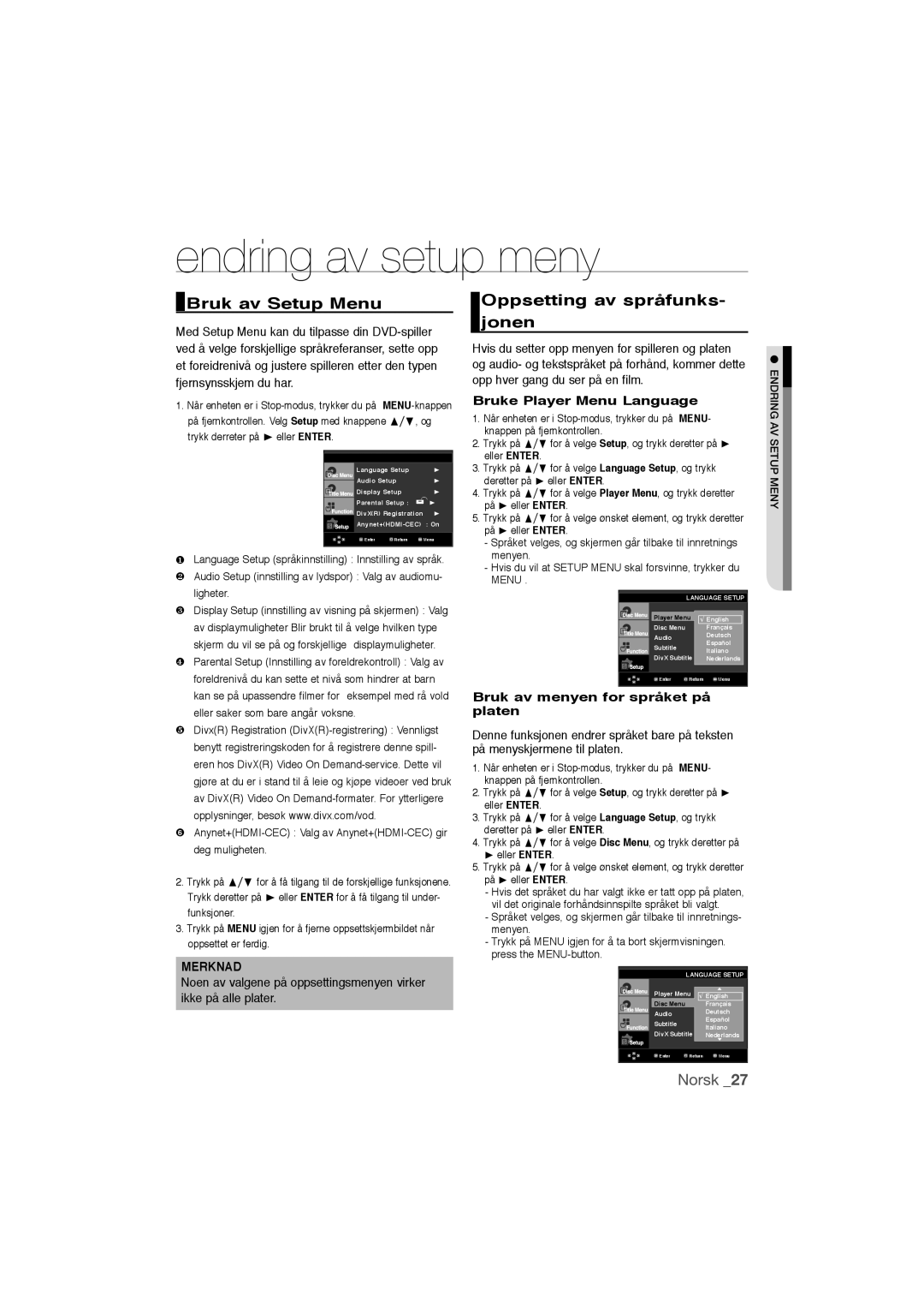 Samsung DVD-1080P9/XEE manual Endring av setup meny, Bruk av Setup Menu, Oppsetting av språfunks- jonen 