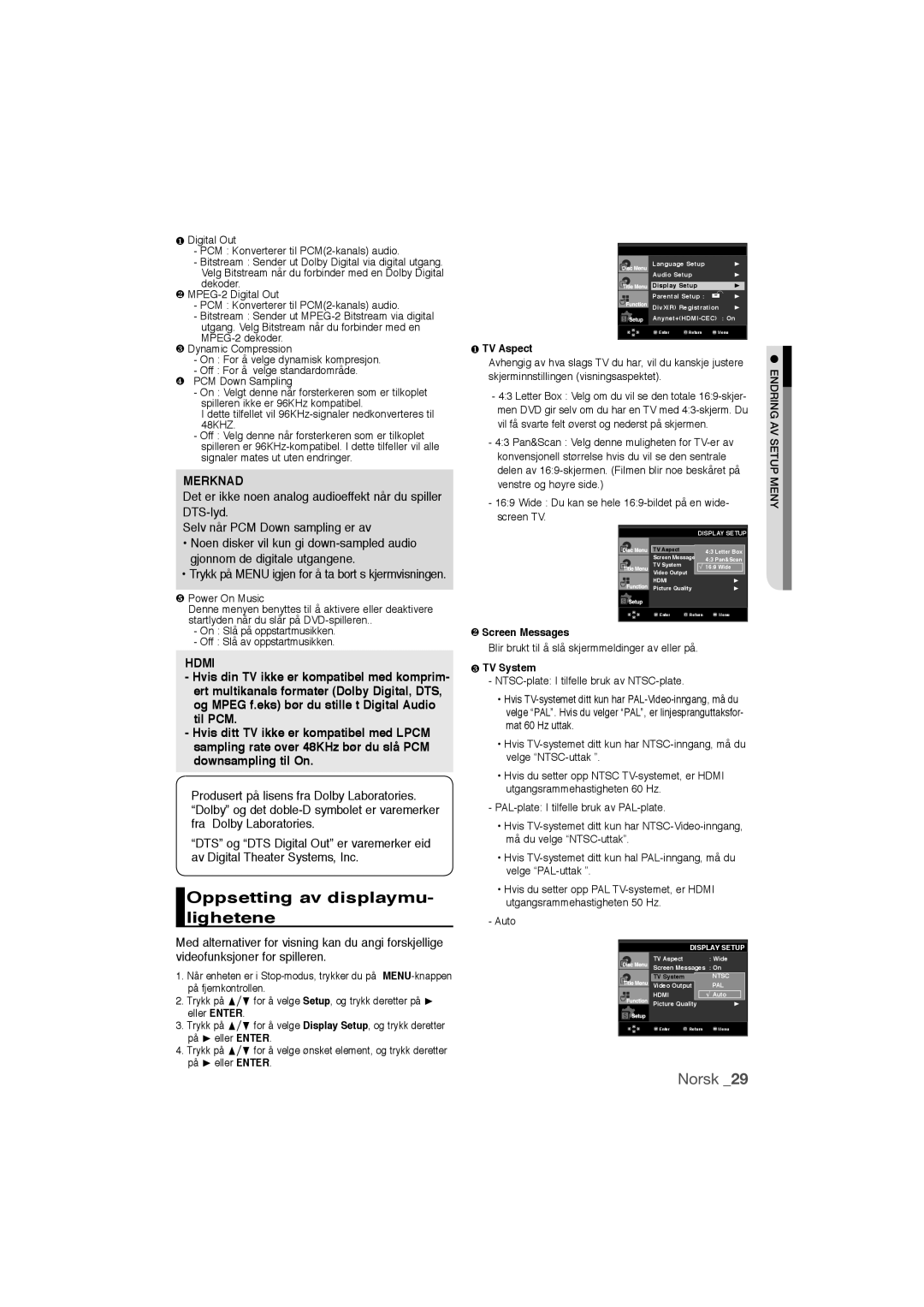 Samsung DVD-1080P9/XEE manual Oppsetting av displaymu- lighetene, On Slå på oppstartmusikken Off Slå av oppstartmusikken 