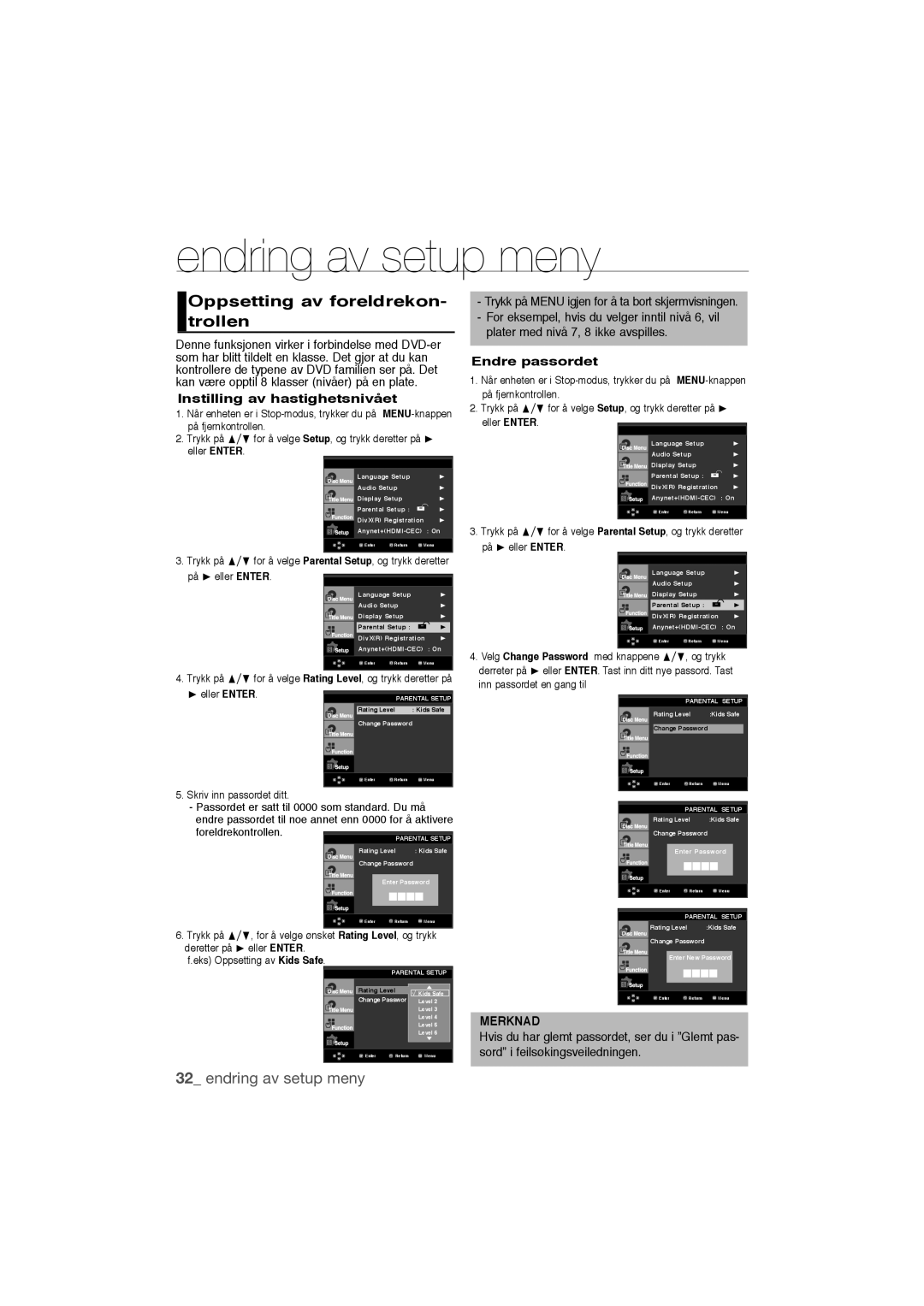 Samsung DVD-1080P9/XEE manual Oppsetting av foreldrekon- trollen, Instilling av hastighetsnivået, Endre passordet 