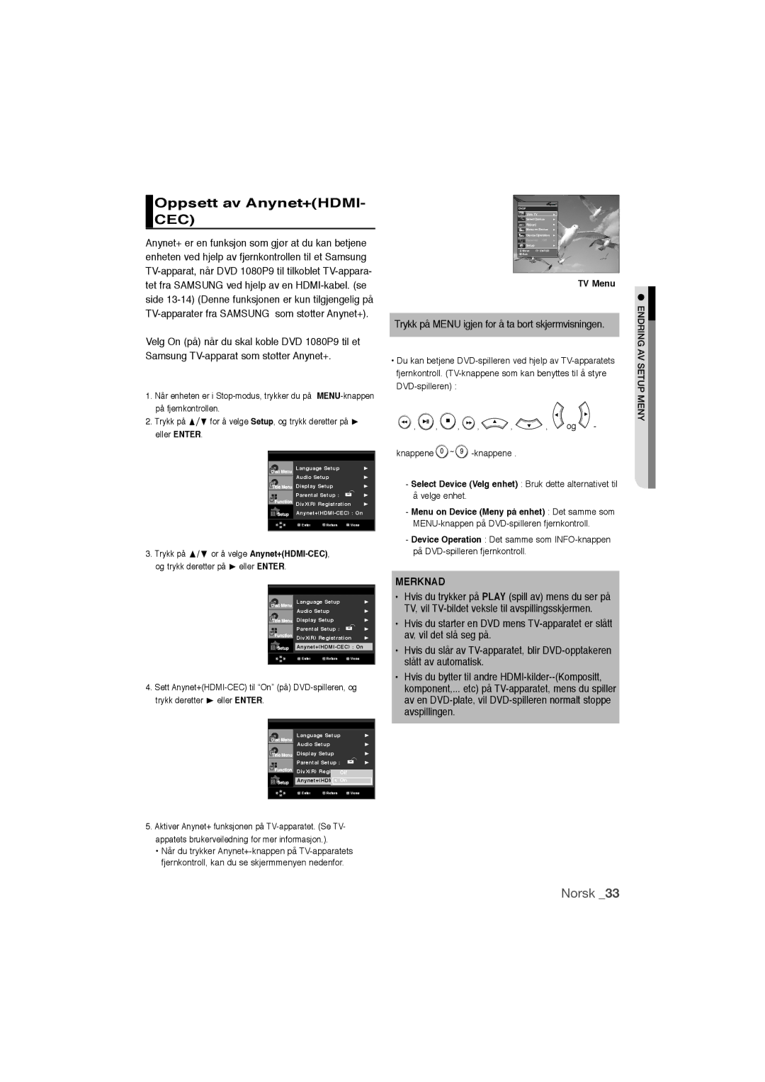 Samsung DVD-1080P9/XEE manual Oppsett av Anynet+HDMI- CEC, TV Menu 