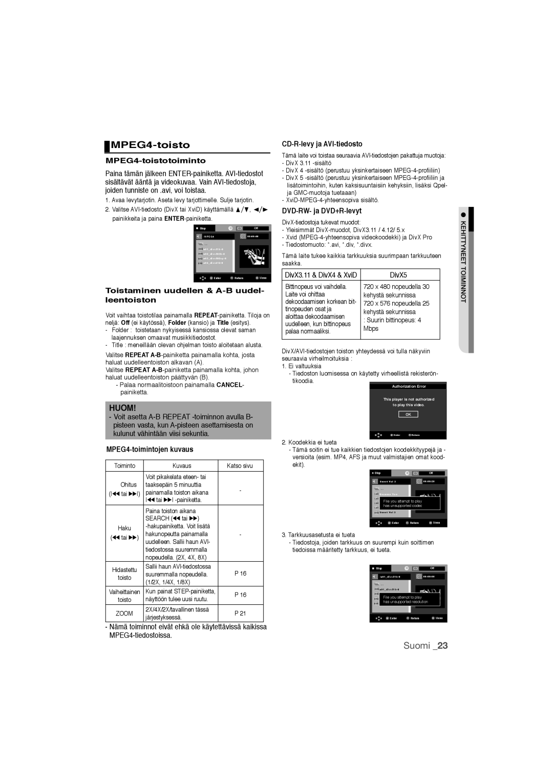 Samsung DVD-1080P9/XEE manual MPEG4-toisto 