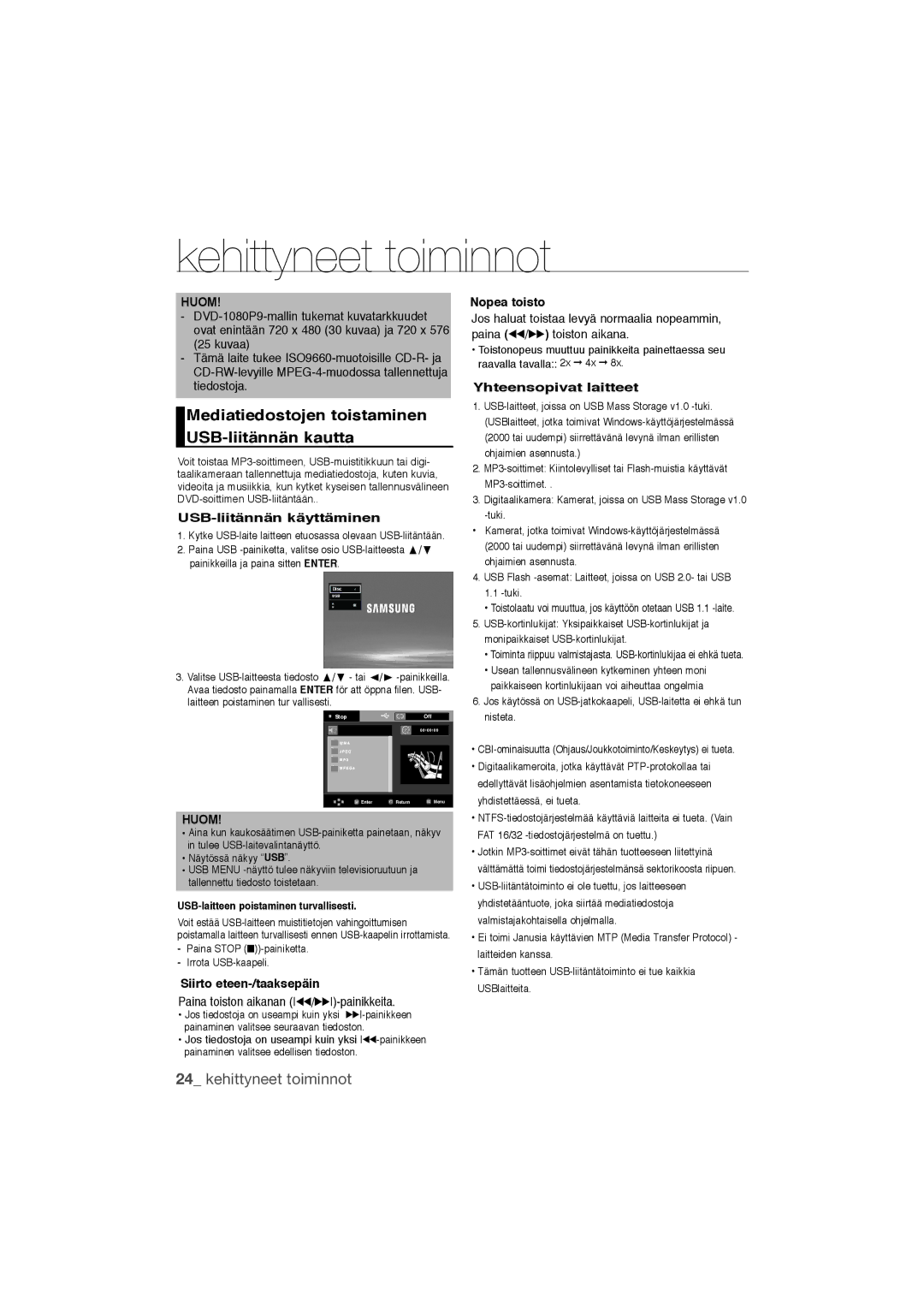 Samsung DVD-1080P9/XEE manual Mediatiedostojen toistaminen USB-liitännän kautta, USB-liitännän käyttäminen 