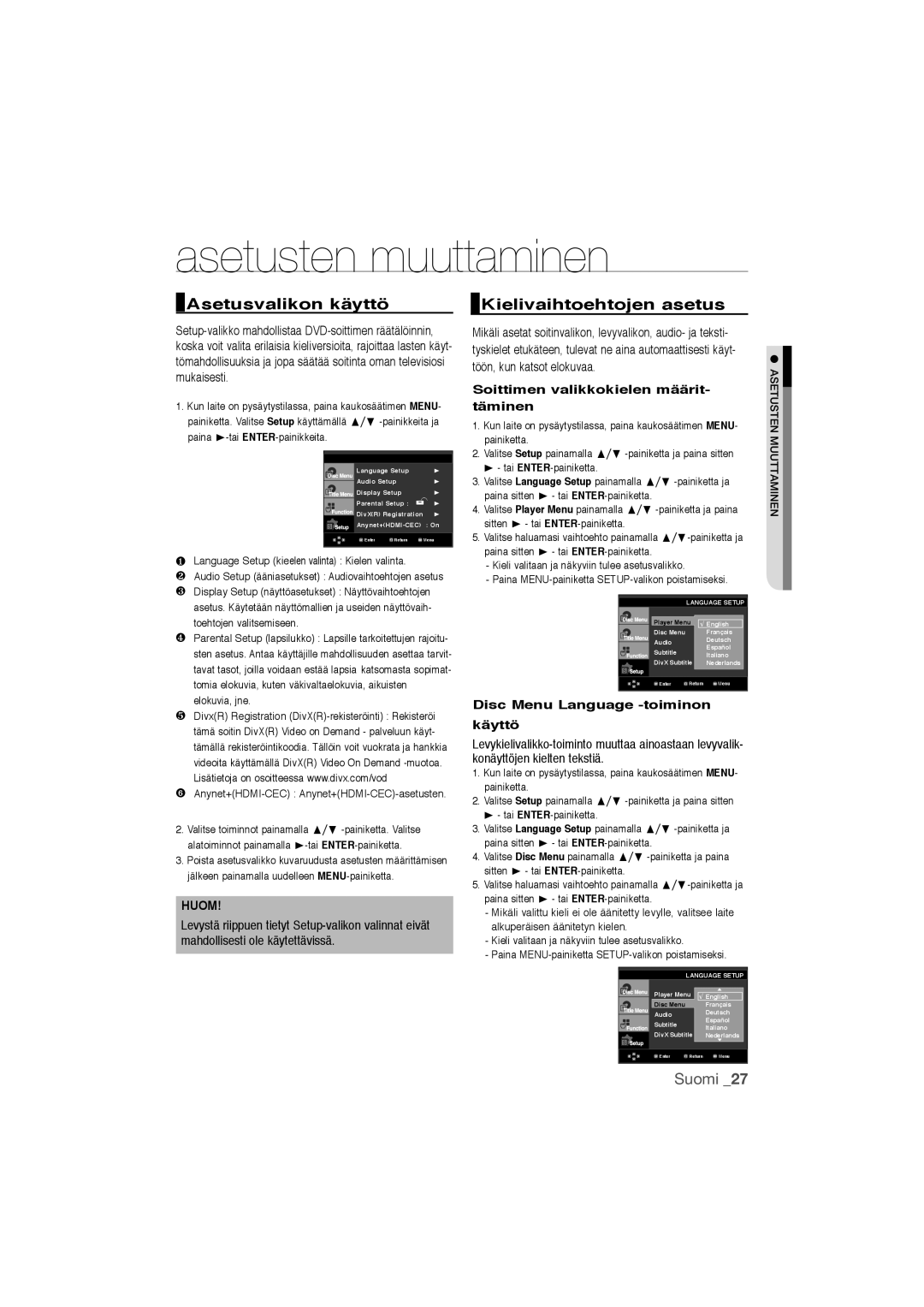 Samsung DVD-1080P9/XEE manual Asetusten muuttaminen, Asetusvalikon käyttö, Kielivaihtoehtojen asetus 