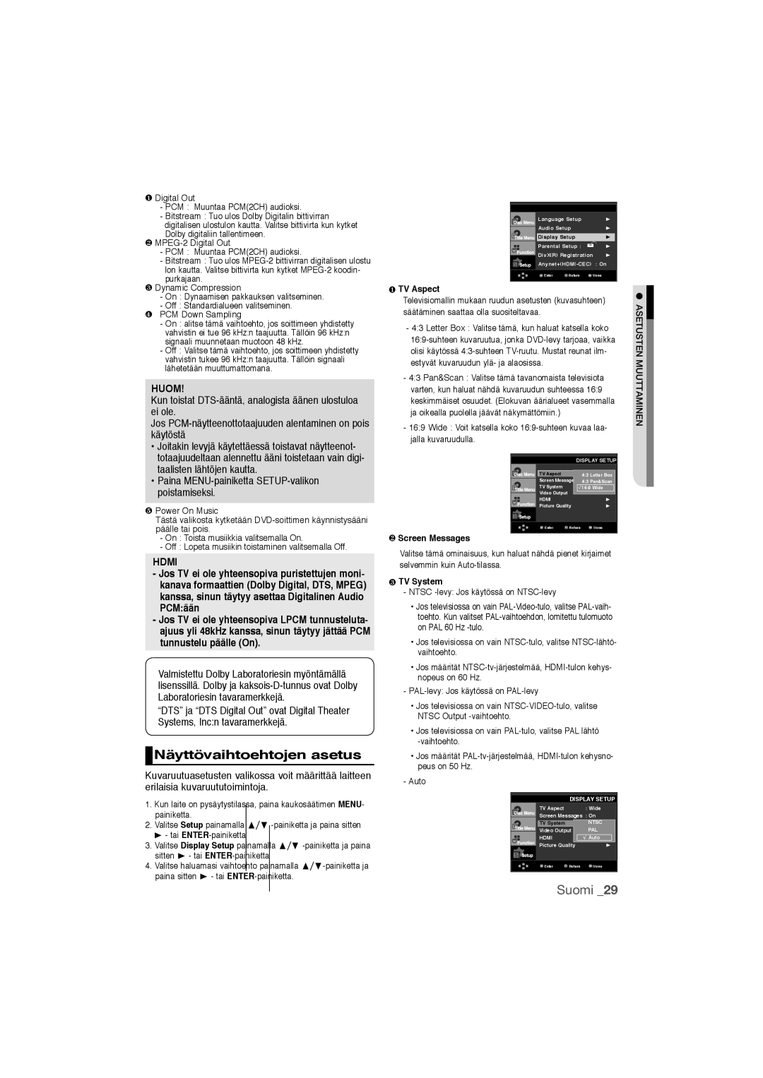 Samsung DVD-1080P9/XEE manual Näyttövaihtoehtojen asetus, ❶ TV Aspect 