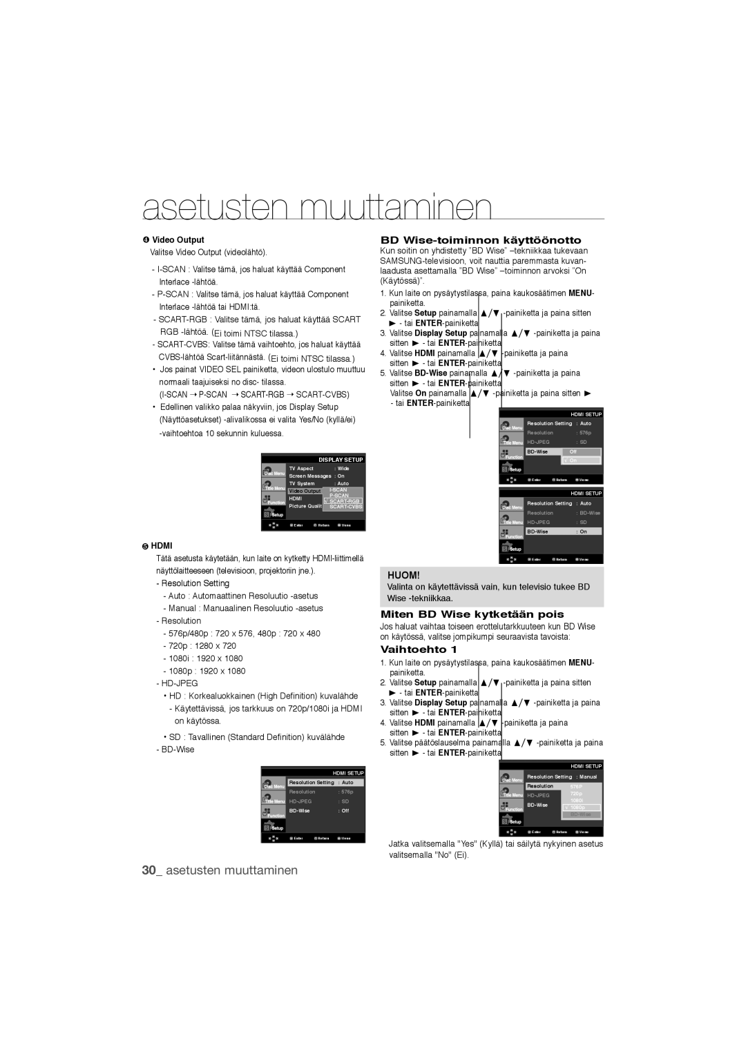 Samsung DVD-1080P9/XEE manual BD Wise-toiminnon käyttöönotto, Miten BD Wise kytketään pois, Vaihtoehto 