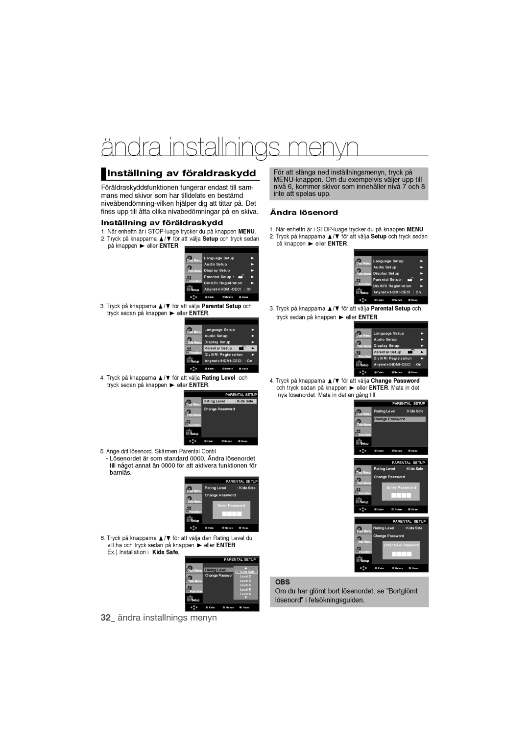 Samsung DVD-1080P9/XEE manual Inställning av föraldraskydd, 32 ändra installnings menyn, Inställning av föräldraskydd 