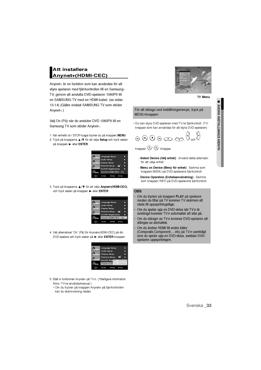 Samsung DVD-1080P9/XEE manual Att installera Anynet+HDMI-CEC, TV Menu, Och Knappar knappar 