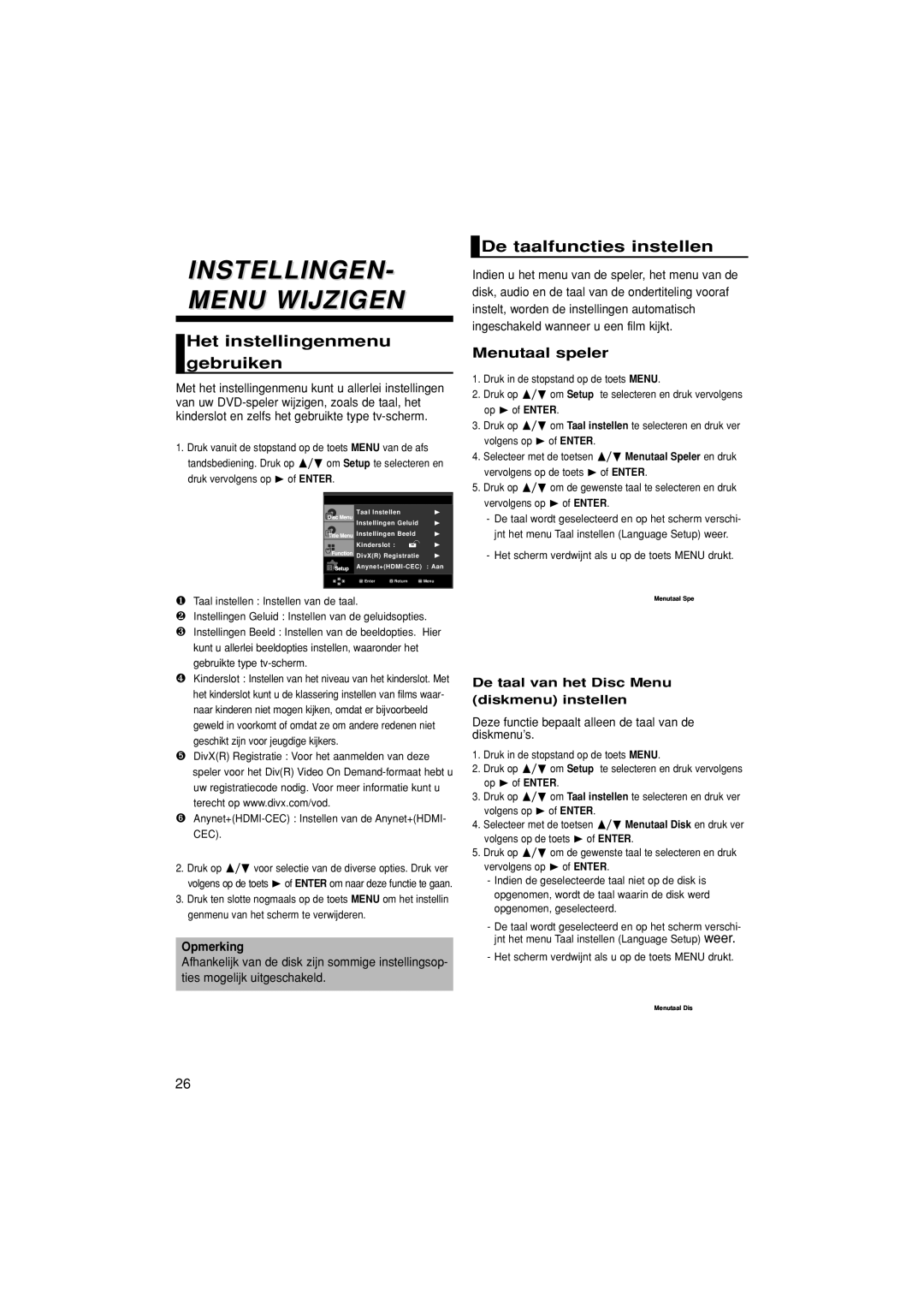 Samsung DVD-1080PK manual INSTELLINGEN- Menu Wijzigen, Het instellingenmenu gebruiken, De taalfuncties instellen 