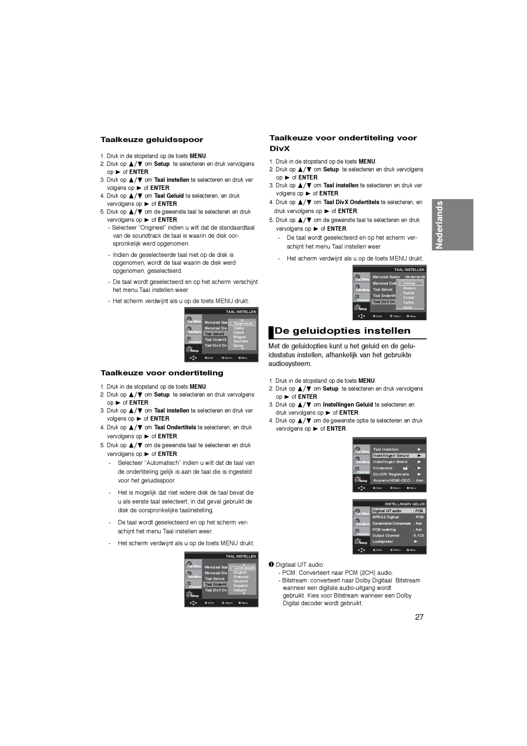 Samsung DVD-1080PK manual De geluidopties instellen, Taalkeuze geluidsspoor, Taalkeuze voor ondertiteling, Enter 