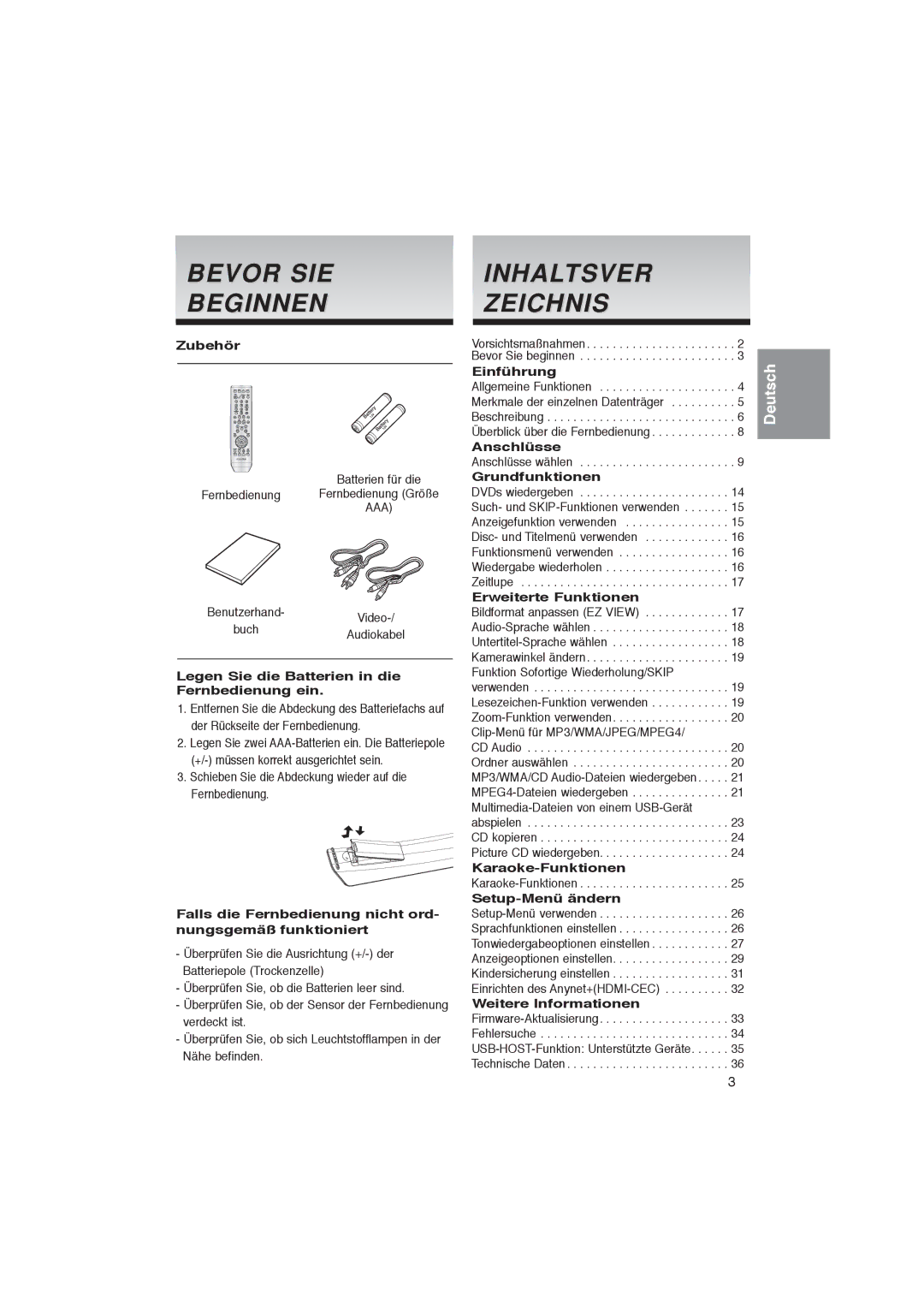 Samsung DVD-1080PK manual Bevor SIE Beginnen 