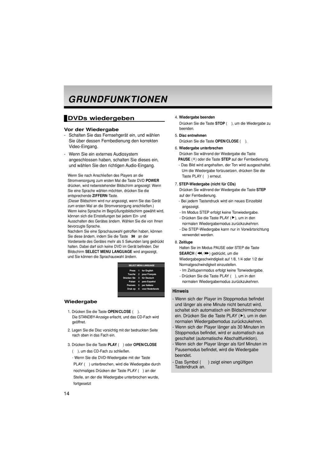 Samsung DVD-1080PK manual Grundfunktionen, DVDs wiedergeben, Vor der Wiedergabe 