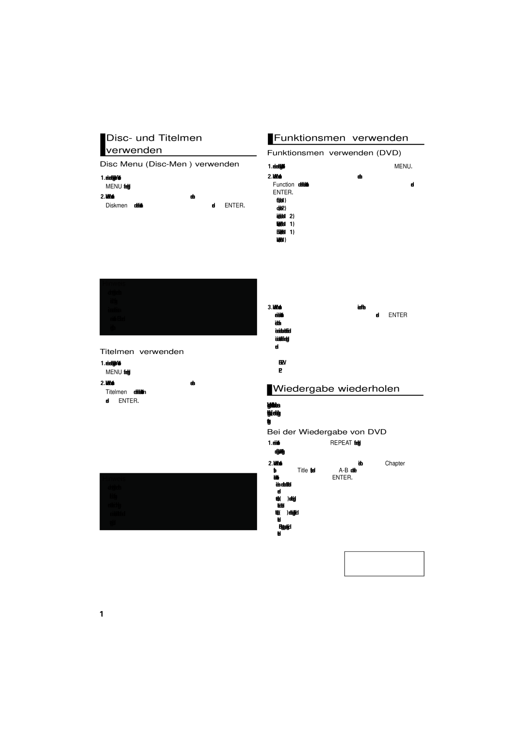 Samsung DVD-1080PK manual Disc- und Titelmenü verwenden, Funktionsmenü verwenden, Wiedergabe wiederholen 